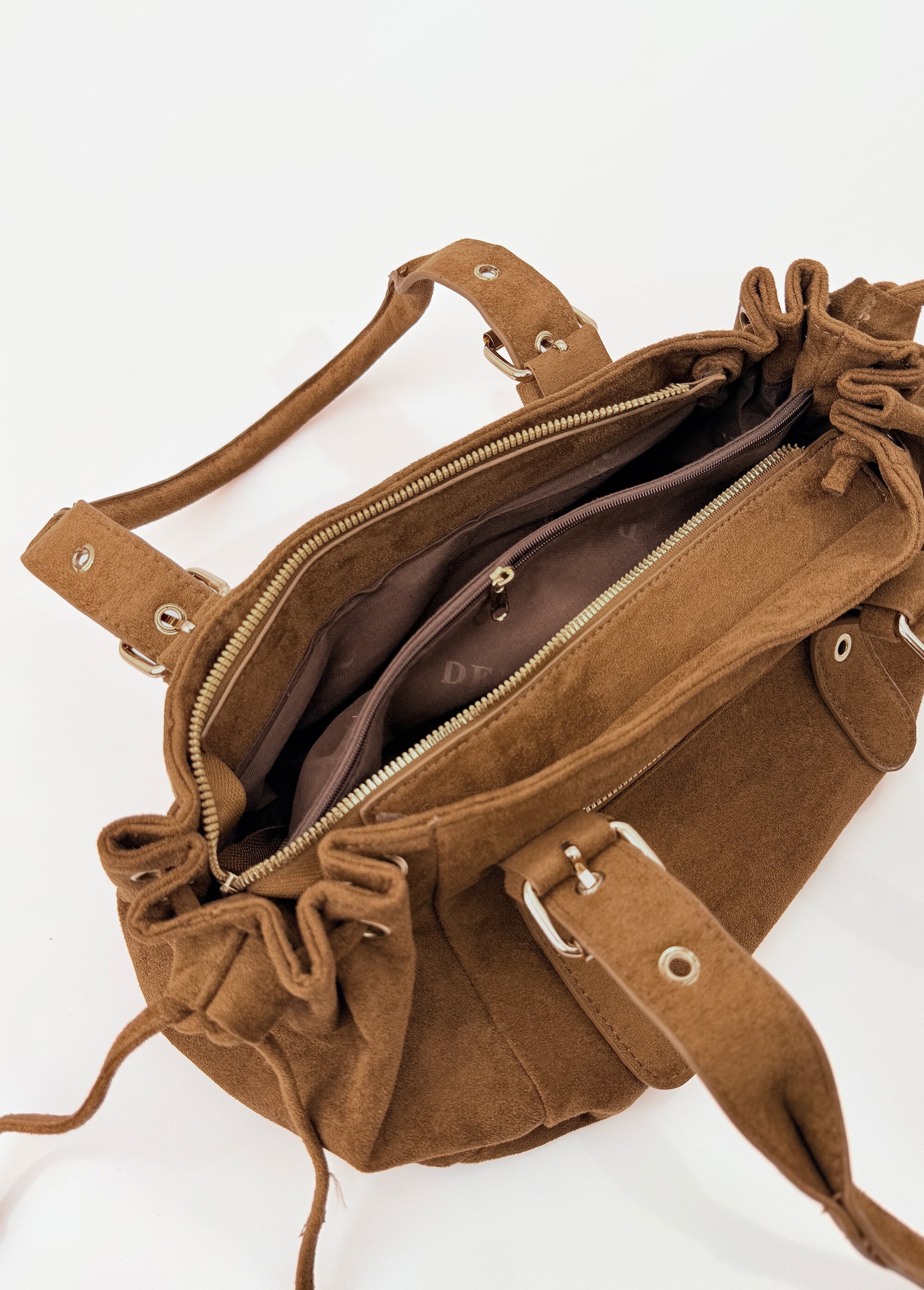 Sac aspect suédé, anses courtes et liens Femme Marron BAG-M2618 DE2