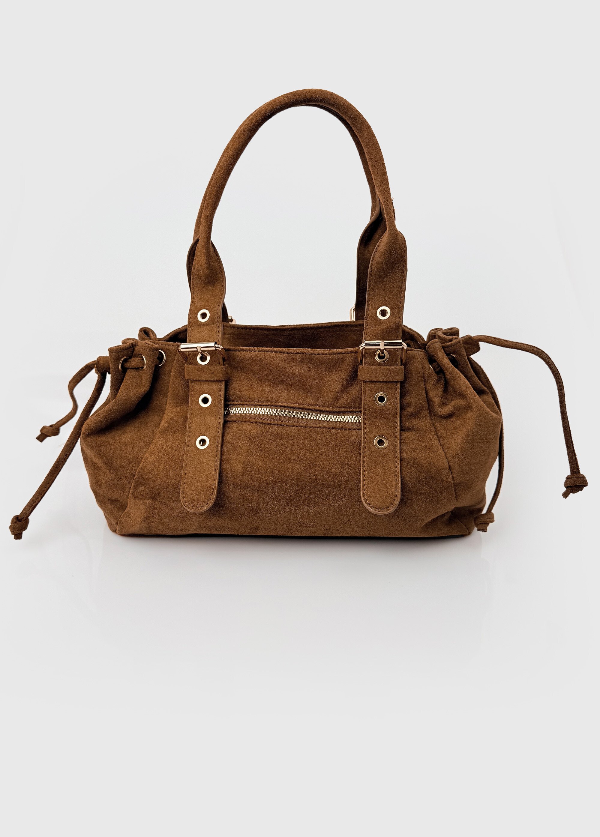 Sac aspect suédé, anses courtes et liens Femme Marron BAG-M2618 FA1