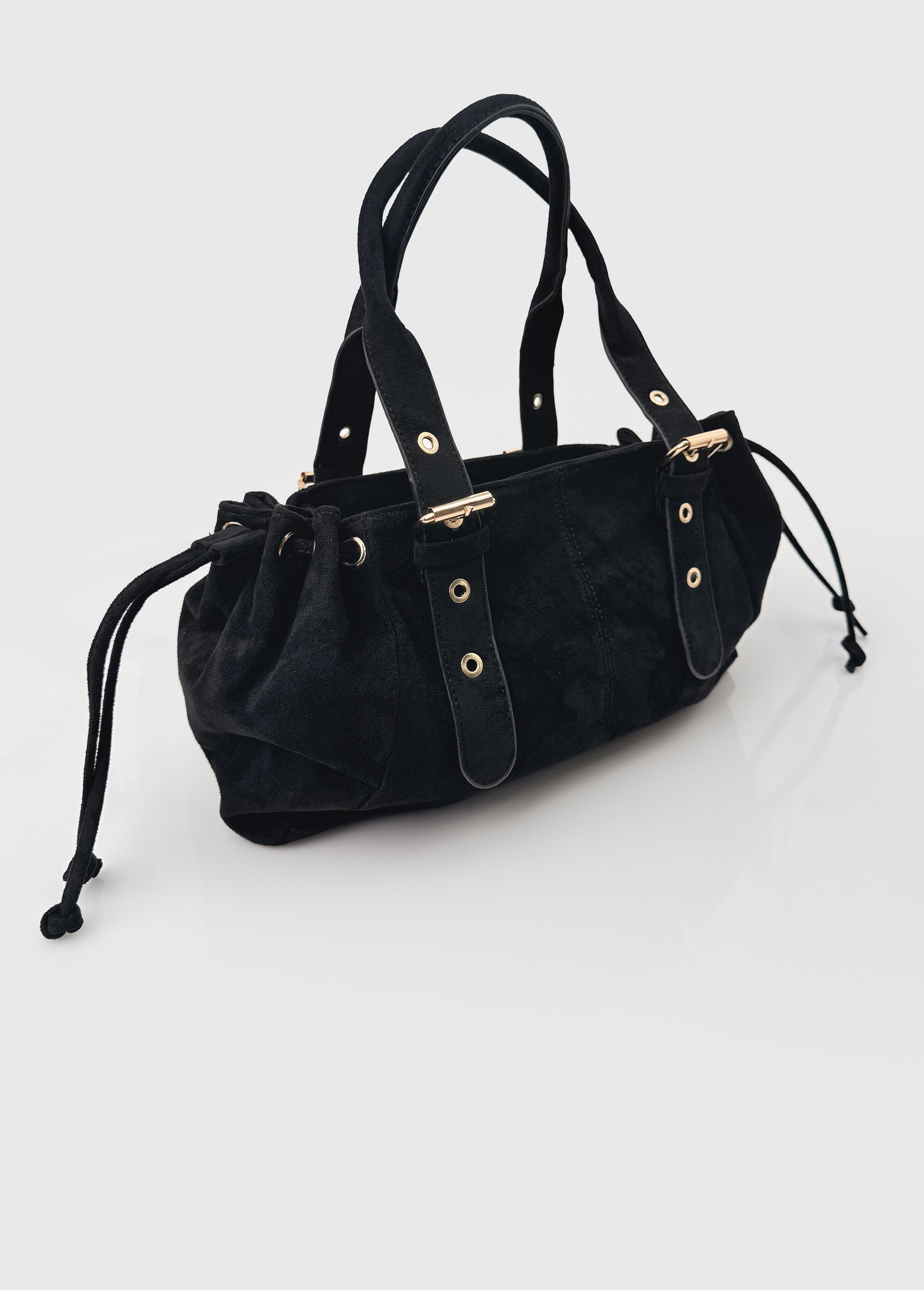 Sac aspect suédé, anses courtes et liens Femme Noir BAG-M2618 DE1