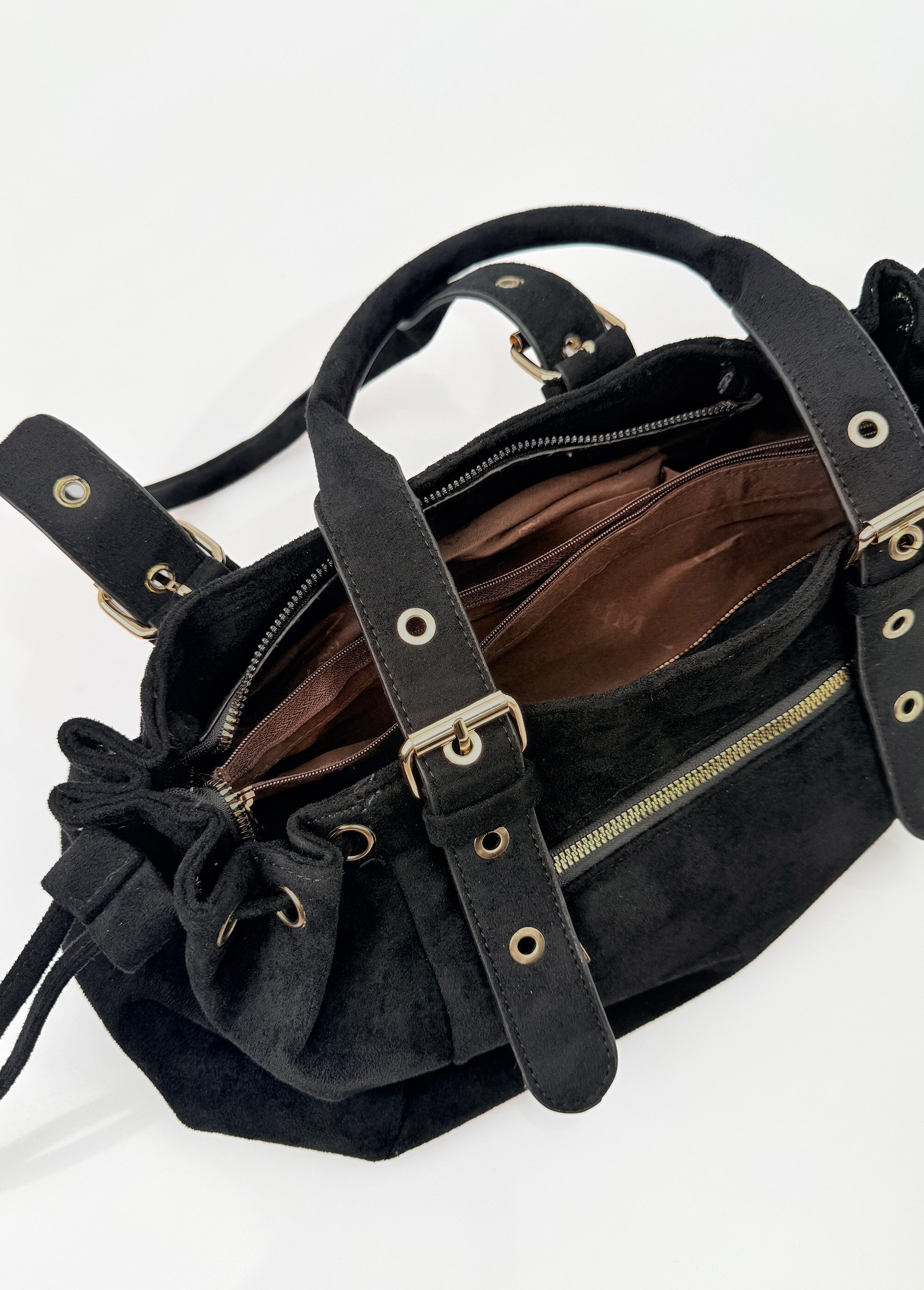 Sac aspect suédé, anses courtes et liens Femme Noir BAG-M2618 DE2