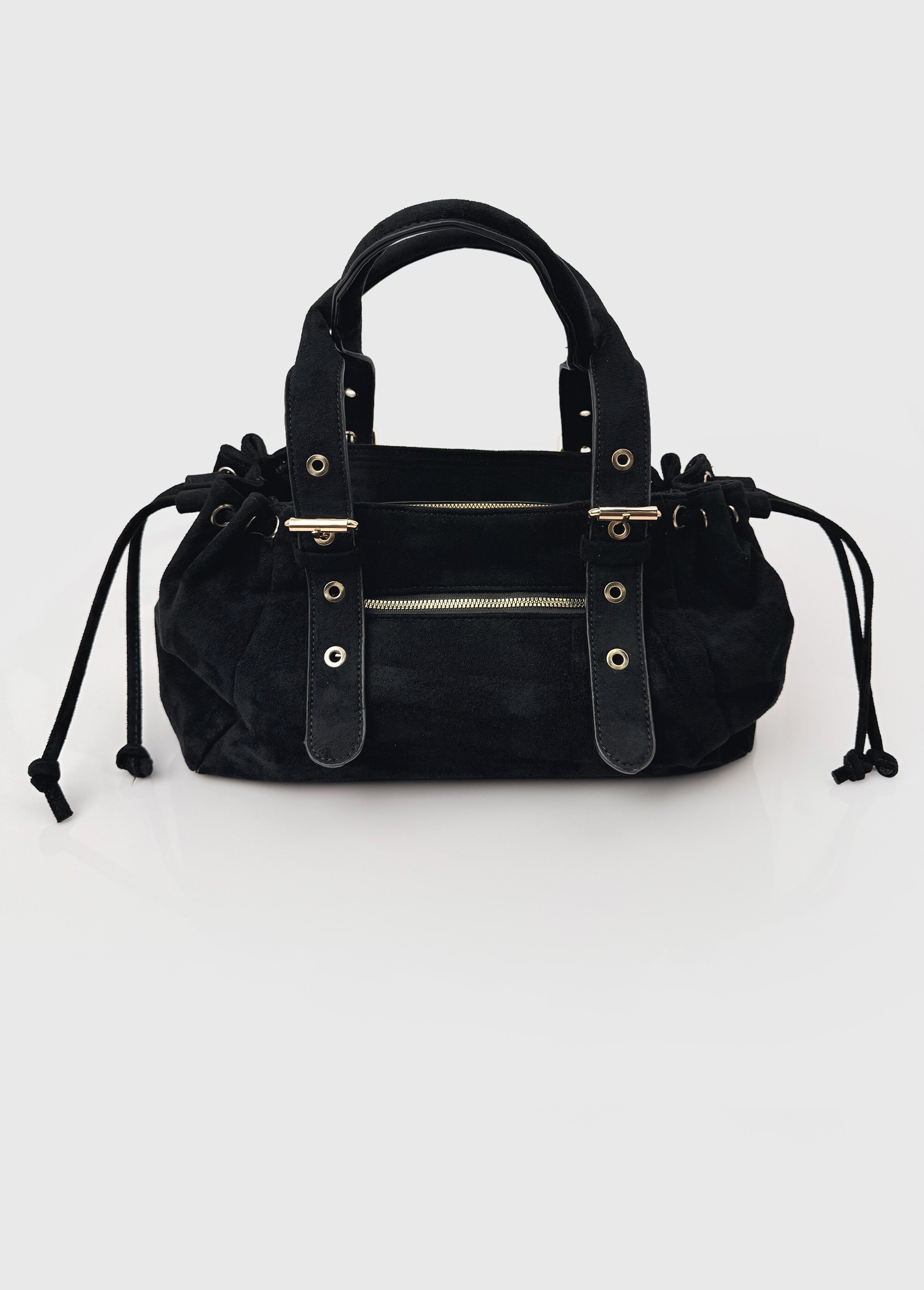 Sac aspect suédé, anses courtes et liens Femme Noir BAG-M2618 FA1