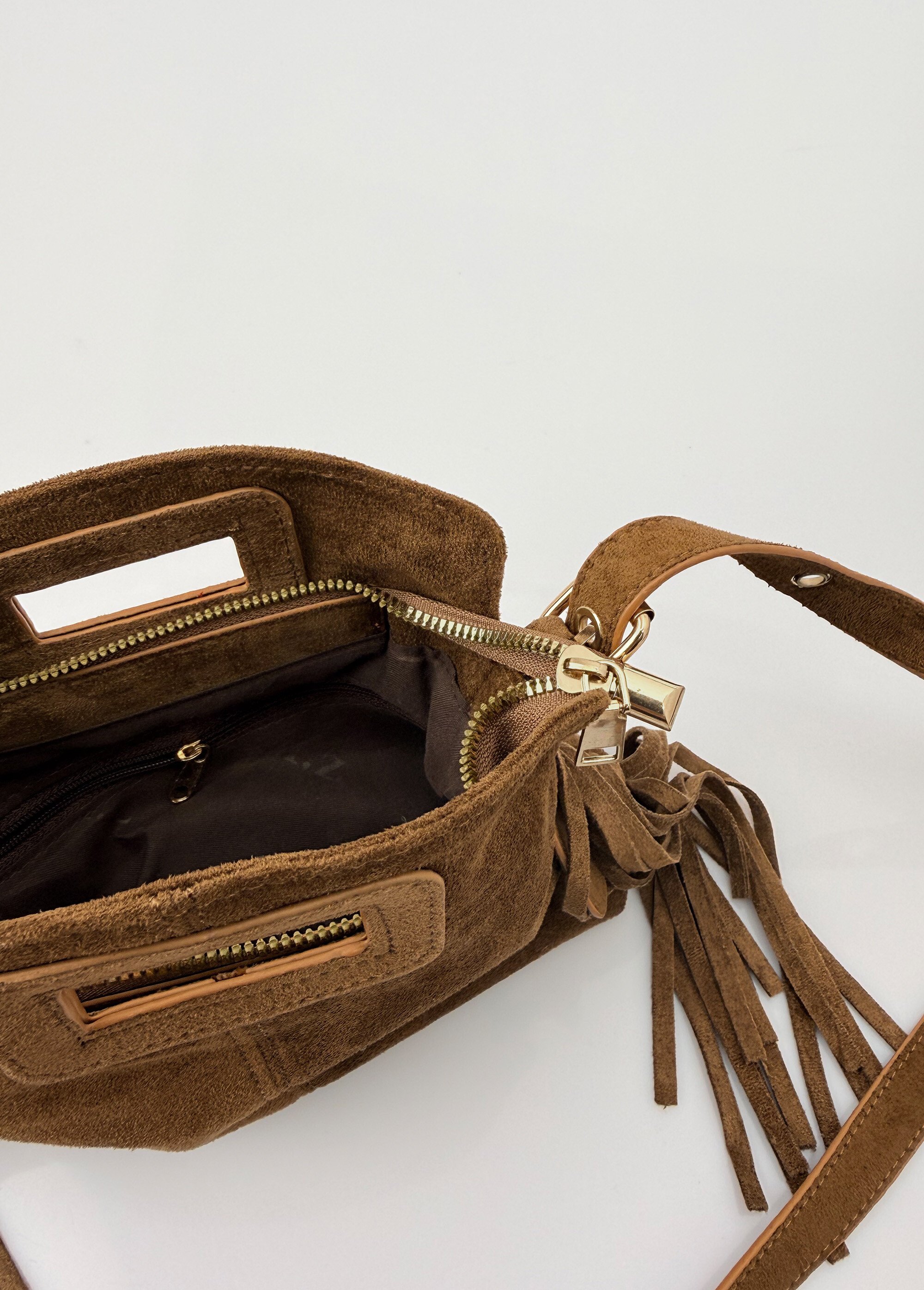Sac bandoulière à franges, aspect suédé Femme Marron BAG-M2612 DE2