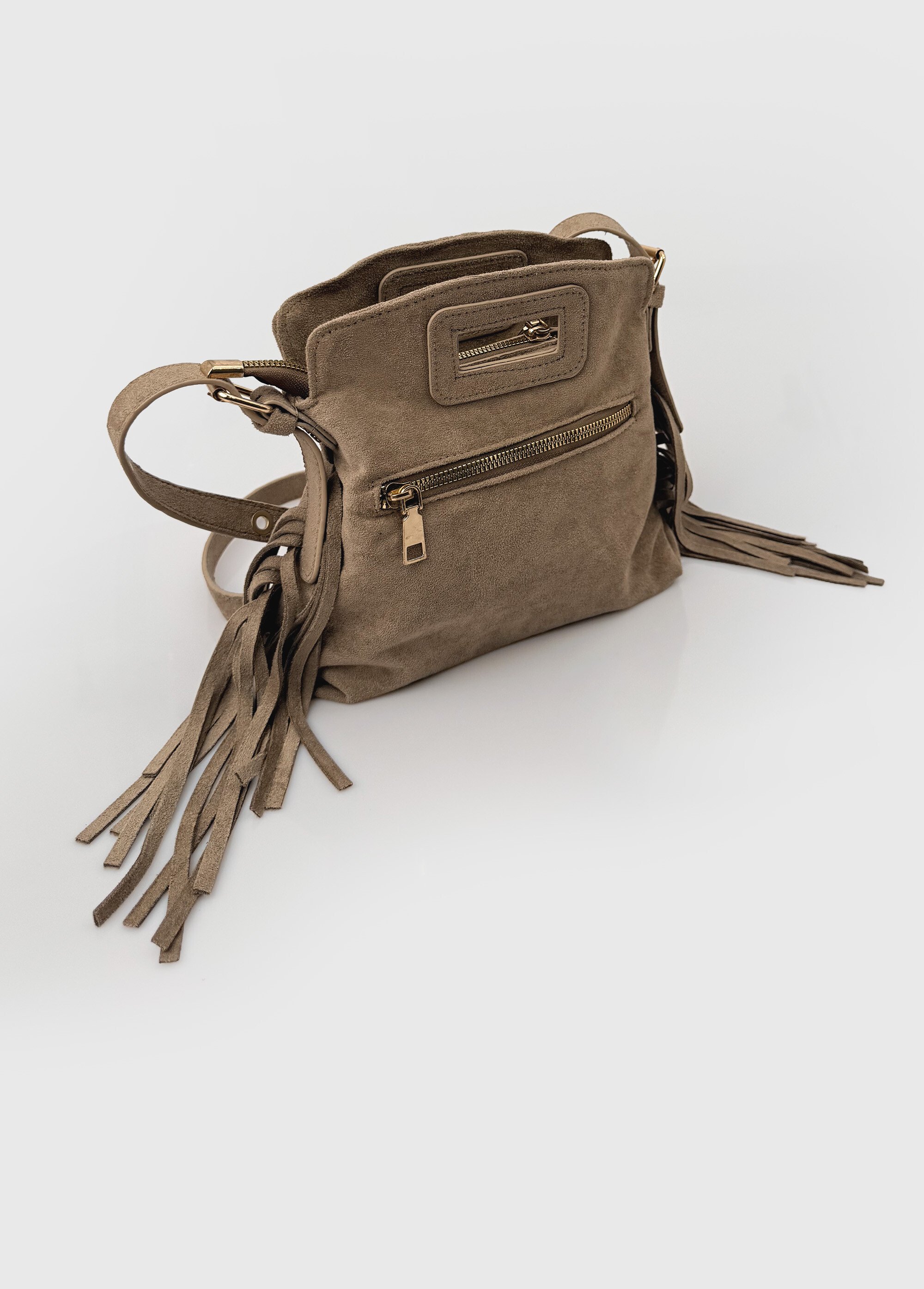 Sac bandoulière à franges, aspect suédé Femme Beige BAG-M2612 DE1