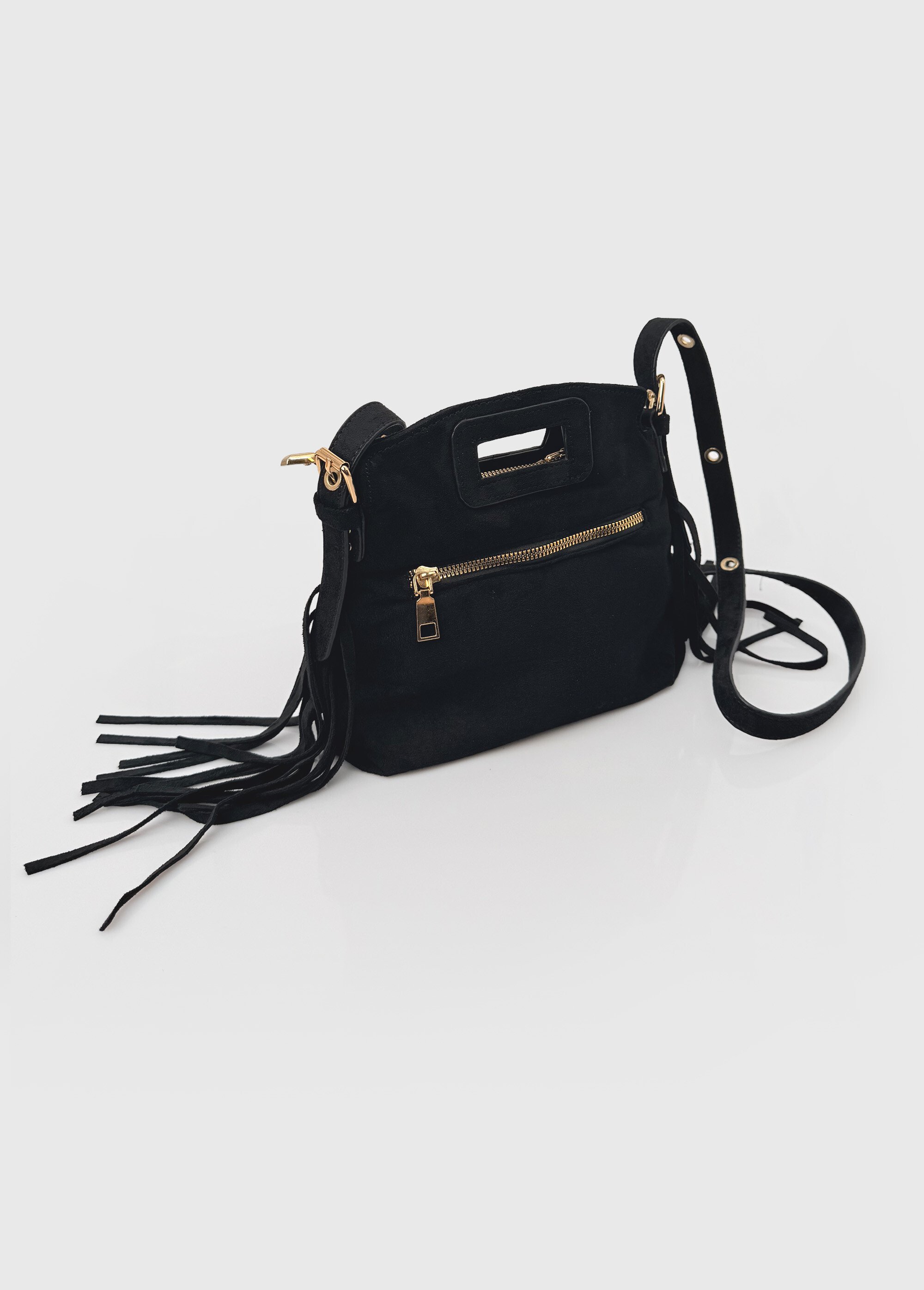 Sac bandoulière à franges, aspect suédé Femme Noir BAG-M2612 FA1