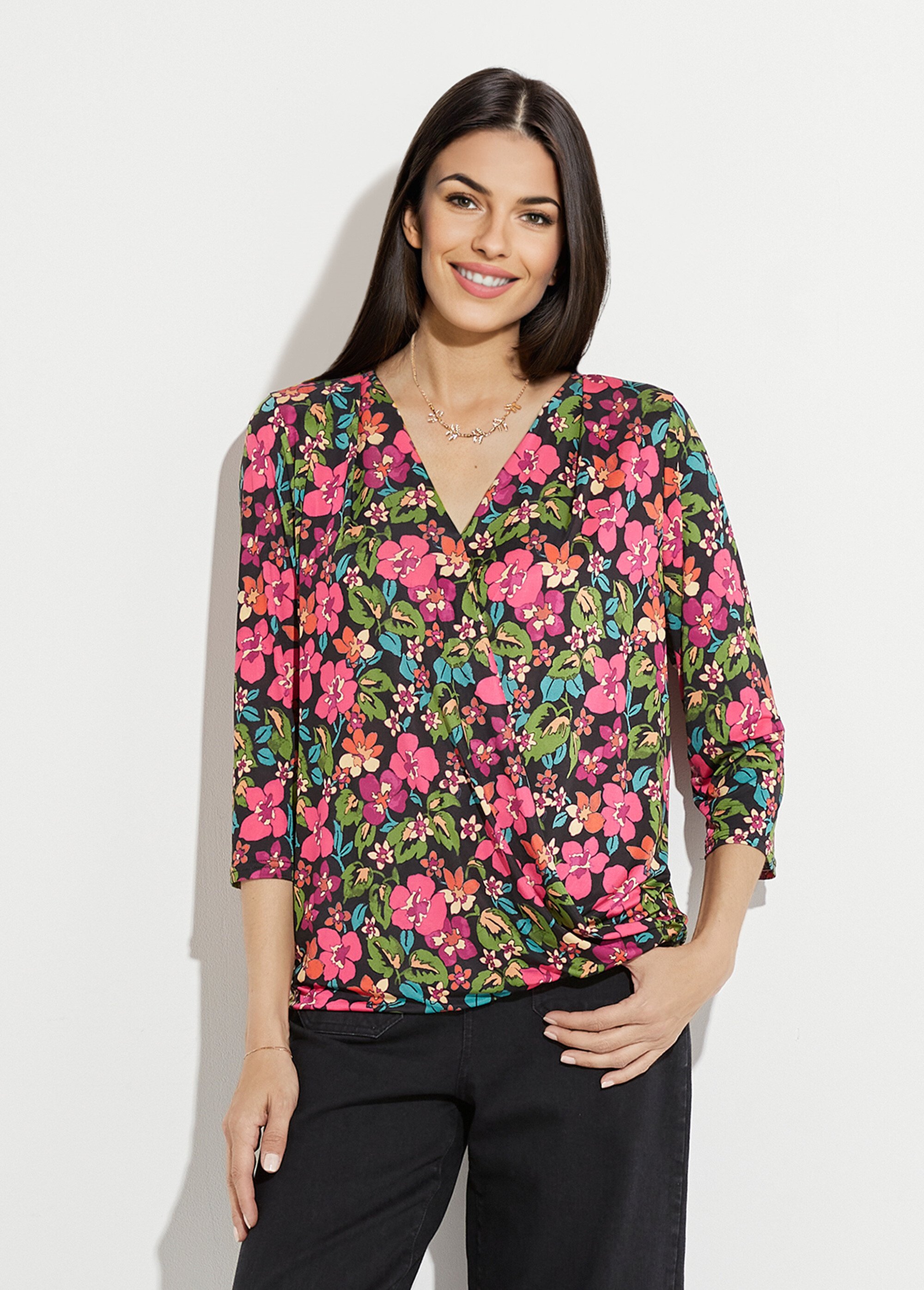 T-shirt blousant cache-coeur fleuri Femme Noir CORNELIA FA1
