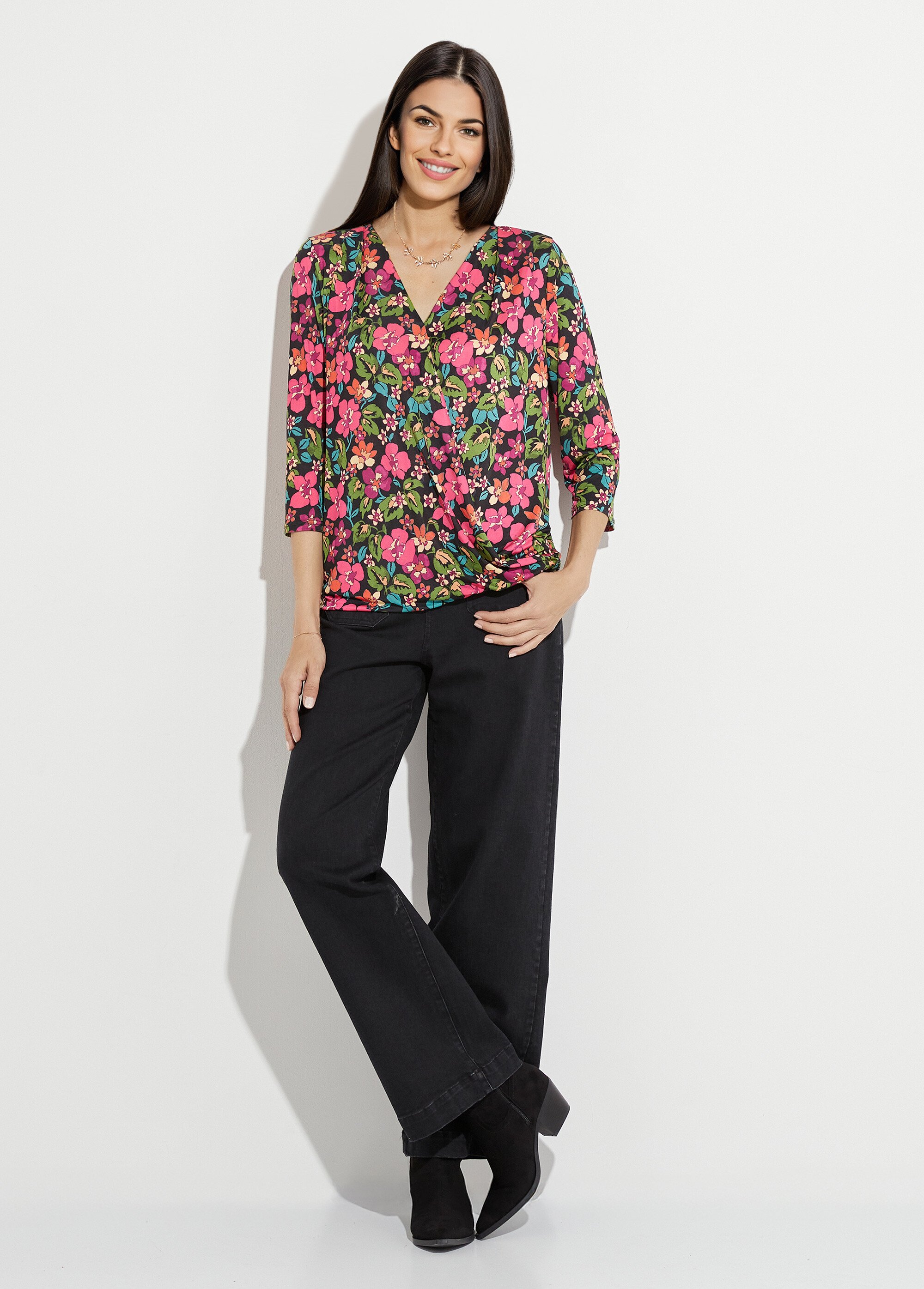 T-shirt blousant cache-coeur fleuri Femme Noir CORNELIA SF1