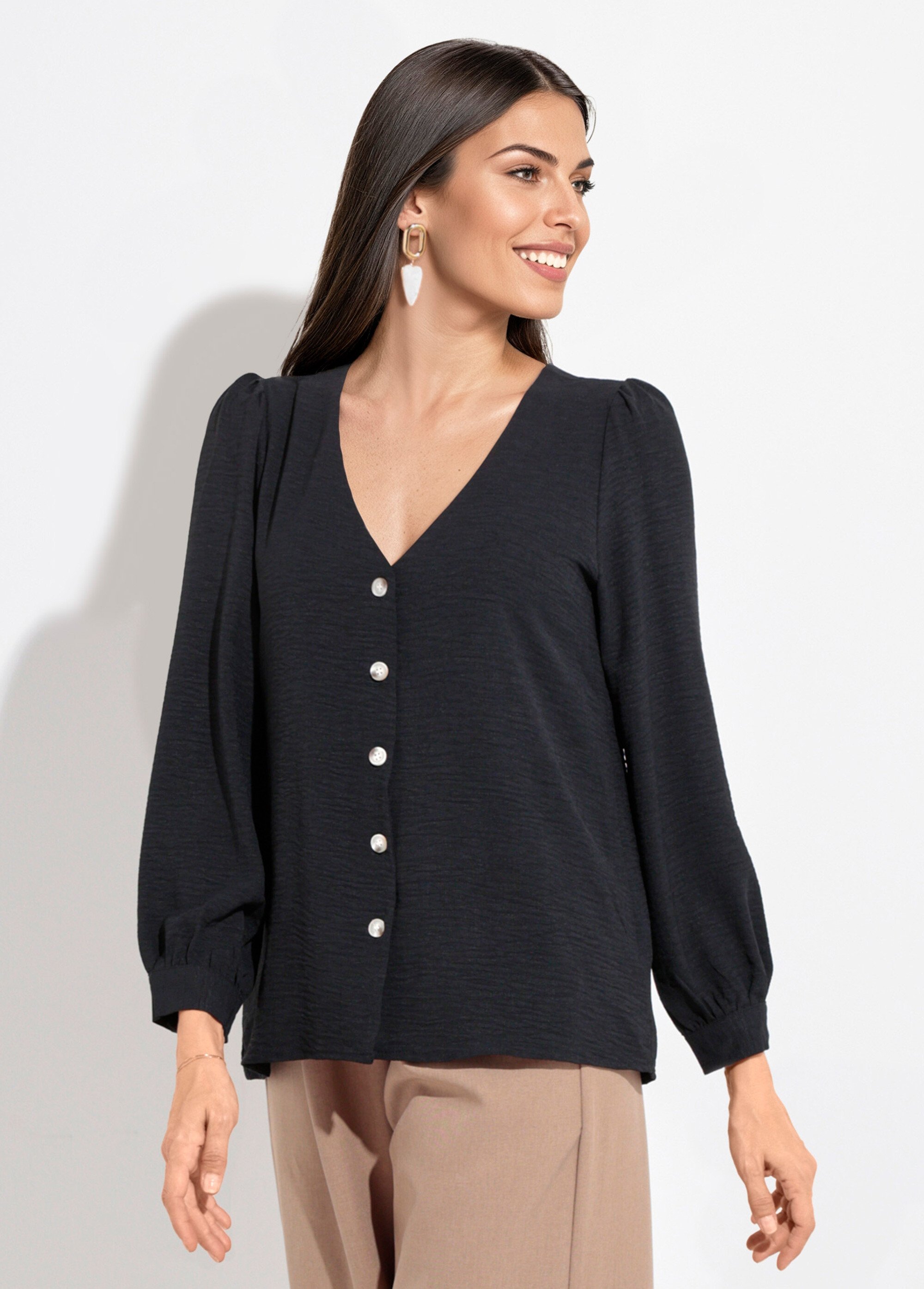 Tunique reliefée boutonnée, col V Femme Noir IA-R5769 FA1