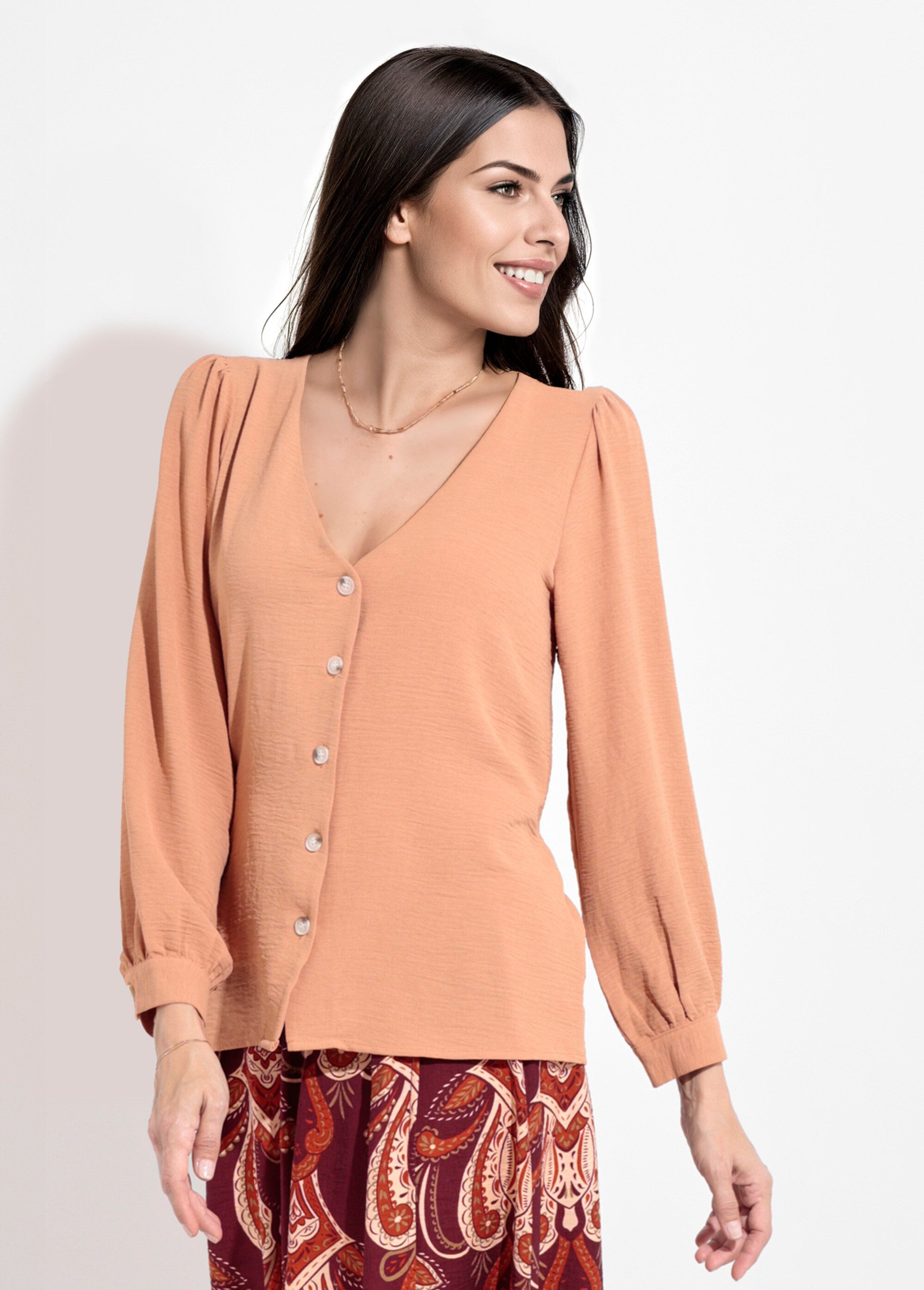 Tunique reliefée boutonnée, col V Femme Beige IA-R5769 FA1
