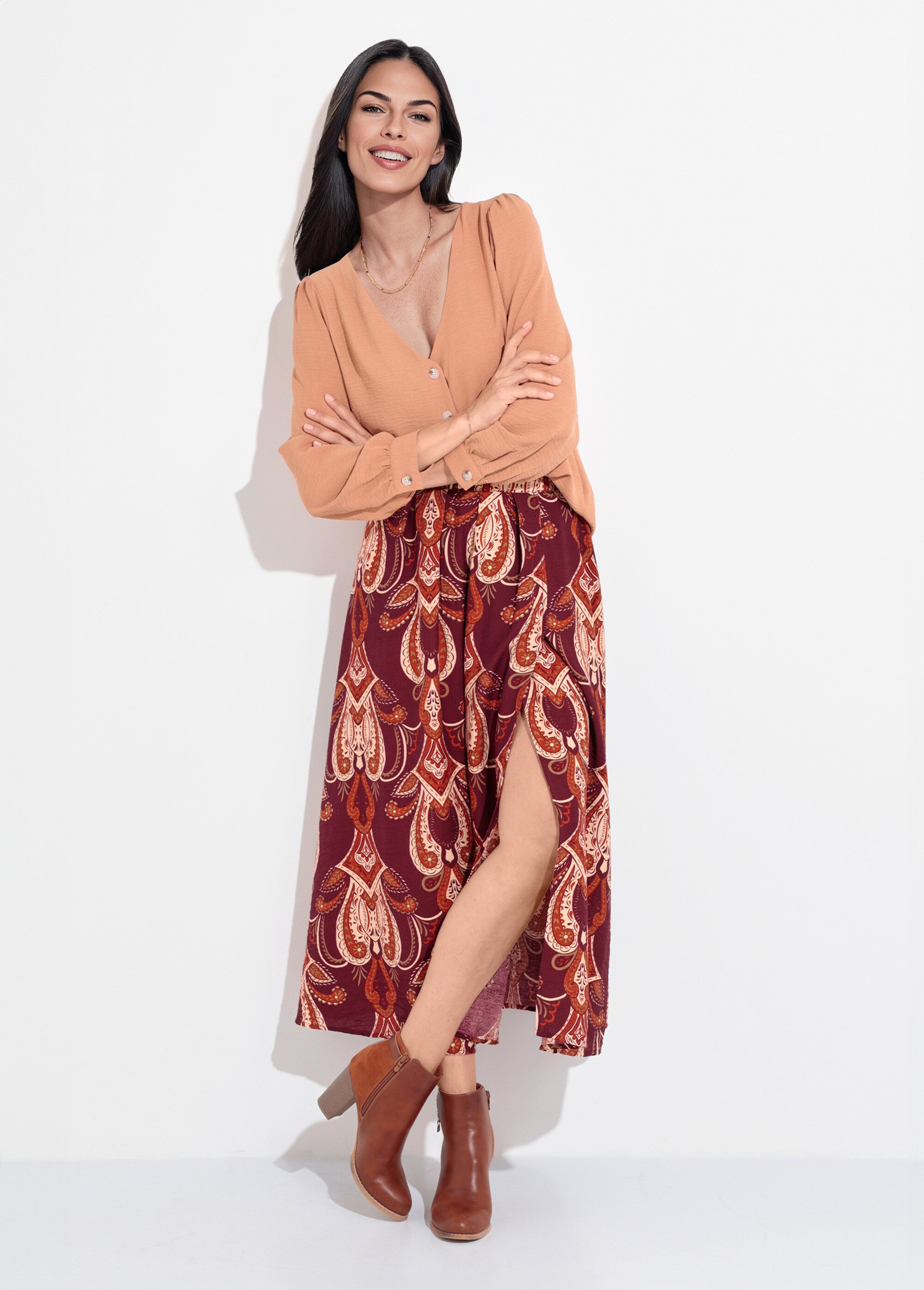Tunique reliefée boutonnée, col V Femme Beige IA-R5769 SF1