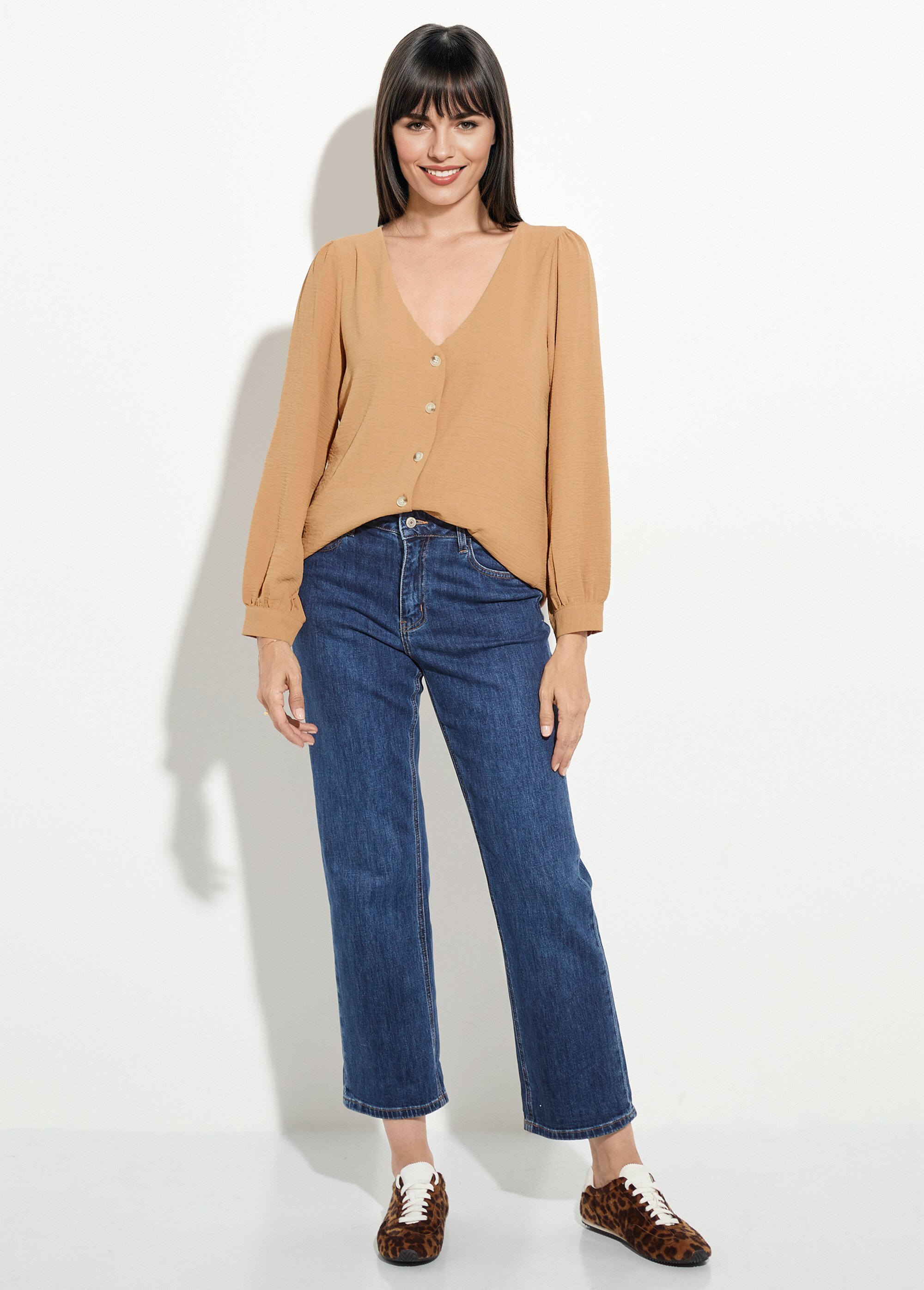 Tunique reliefée boutonnée, col V Femme Beige IA-R5769 SF1