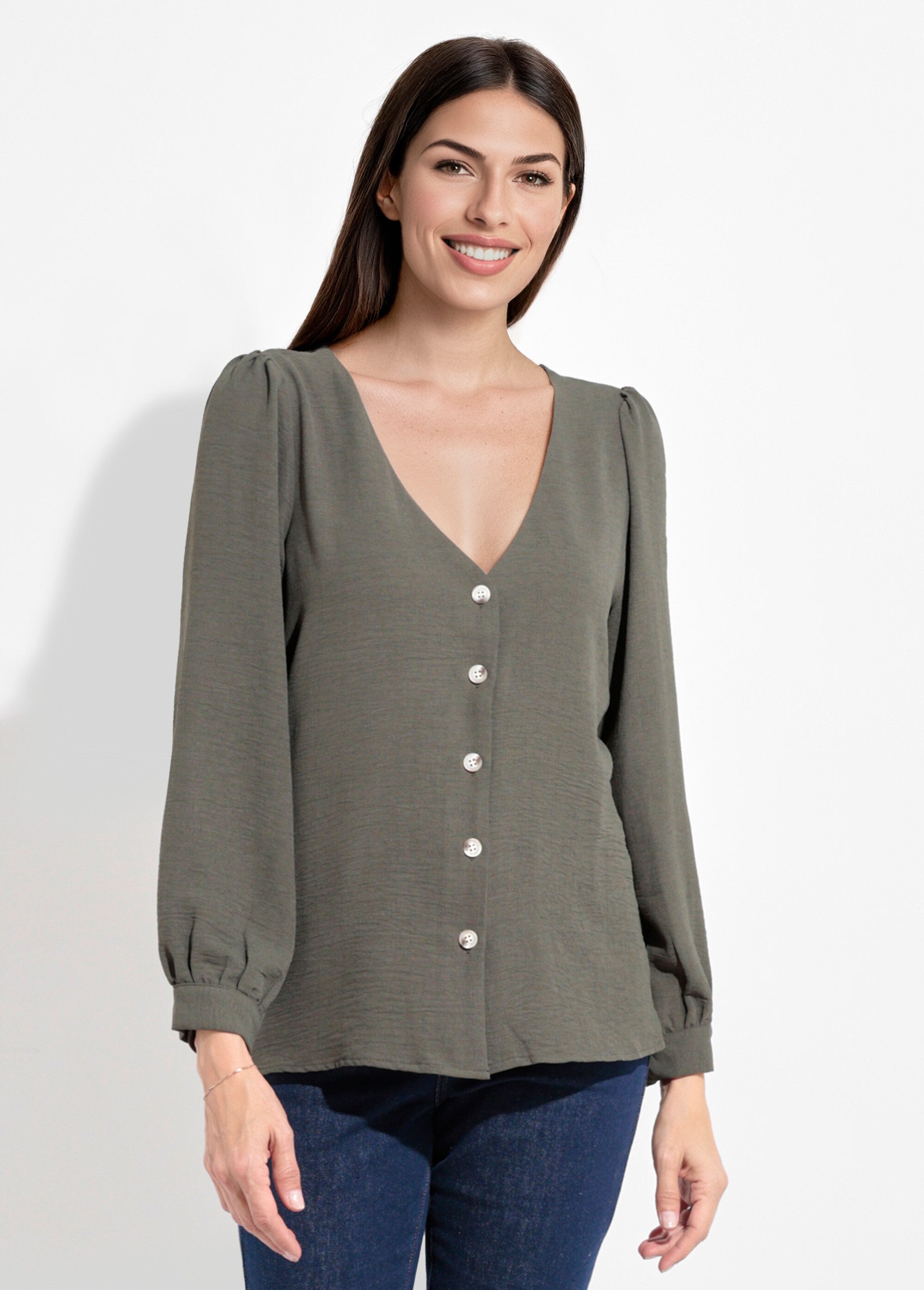 Tunique reliefée boutonnée, col V Femme Vert IA-R5769 FA1