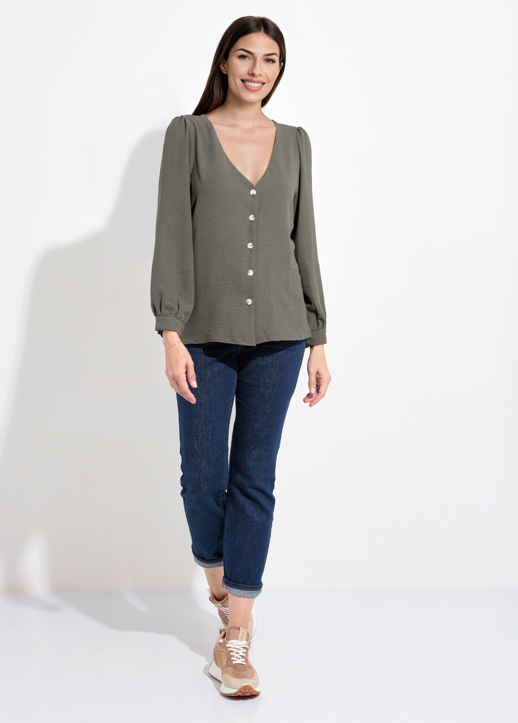 Tunique reliefée boutonnée, col V Femme Vert IA-R5769 SF1