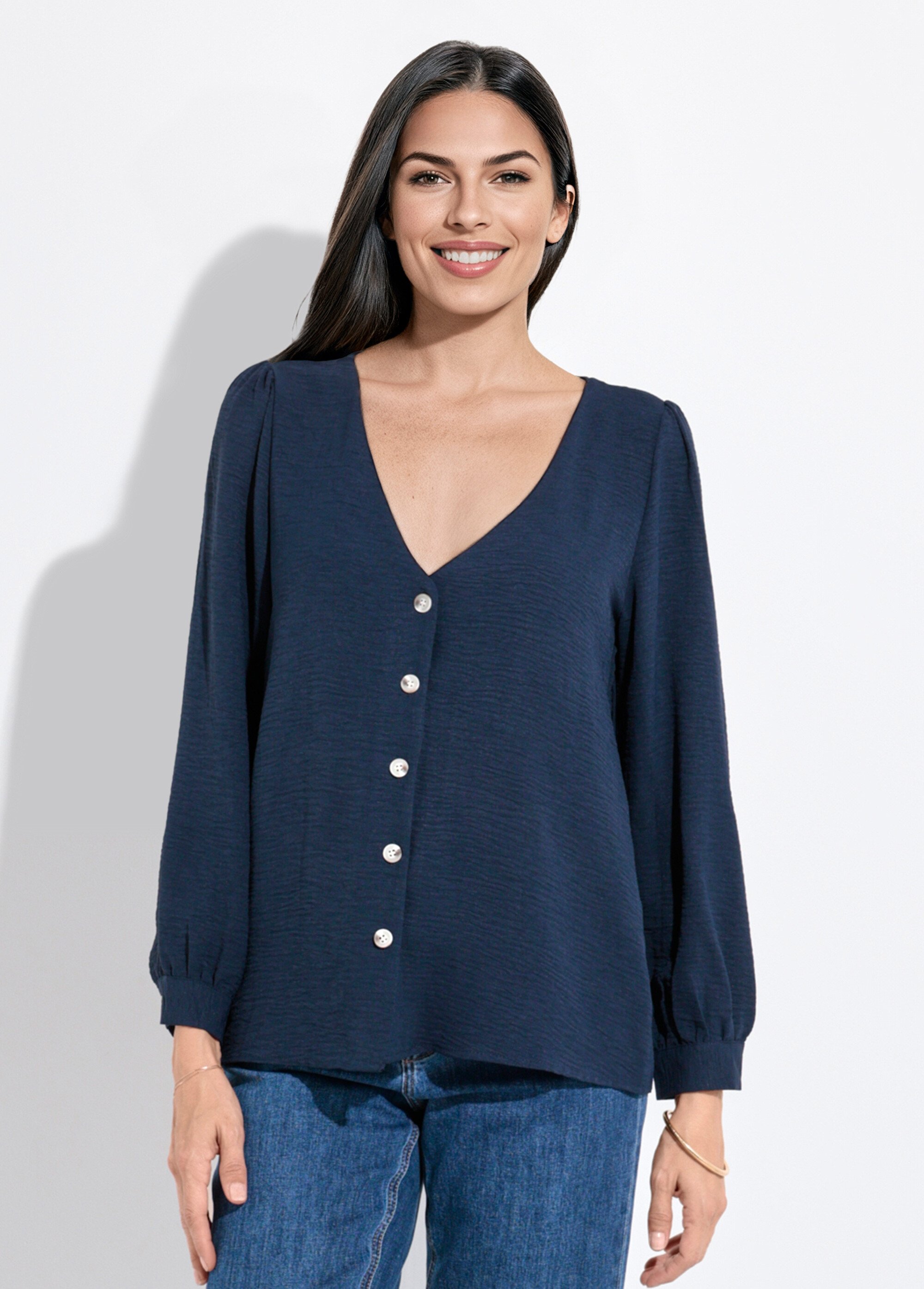 Tunique reliefée boutonnée, col V Femme Bleu IA-R5769 FA1