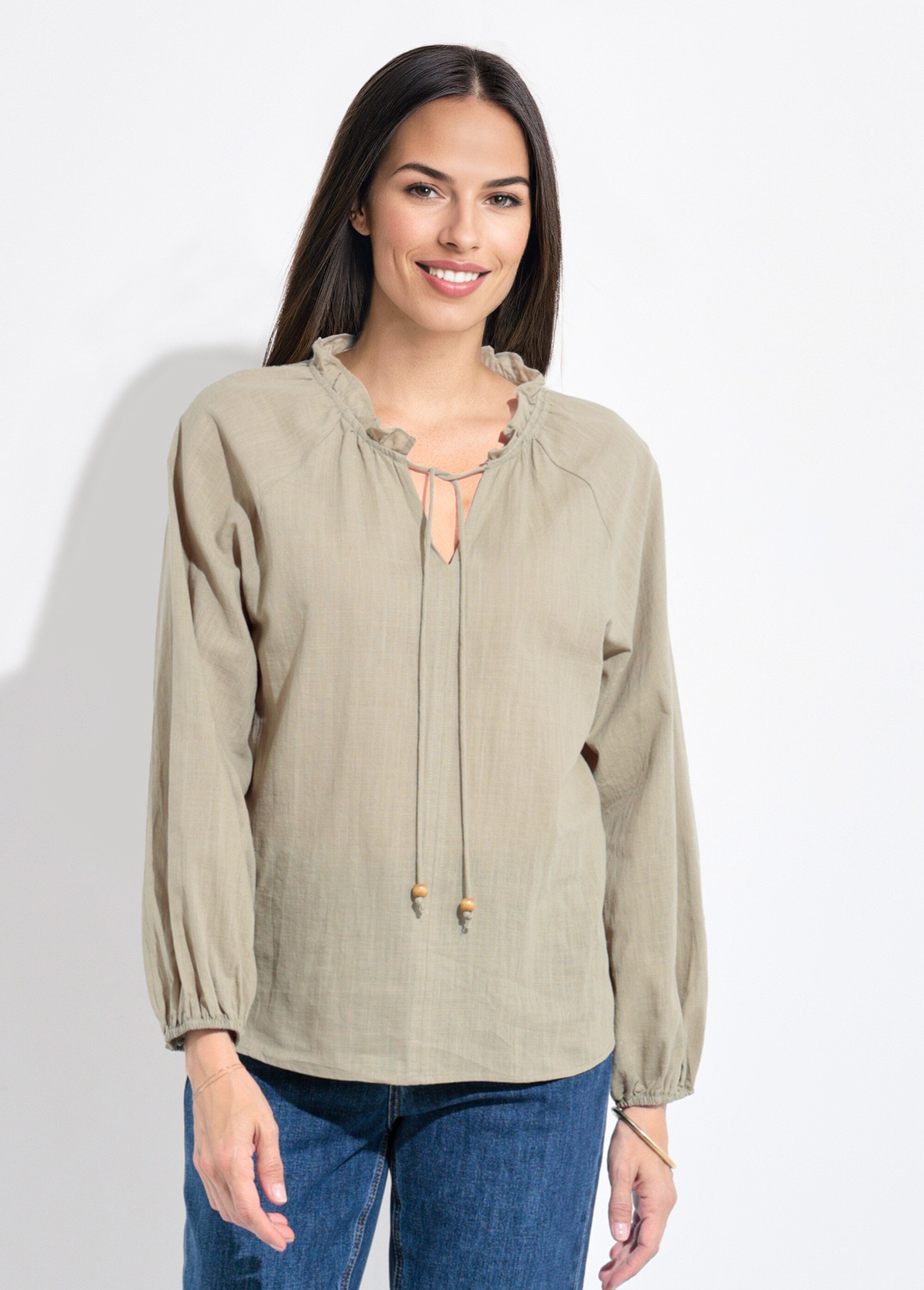Blouse ample col V fantaisie lien à nouer Femme Vert IA-Q3043 FA1