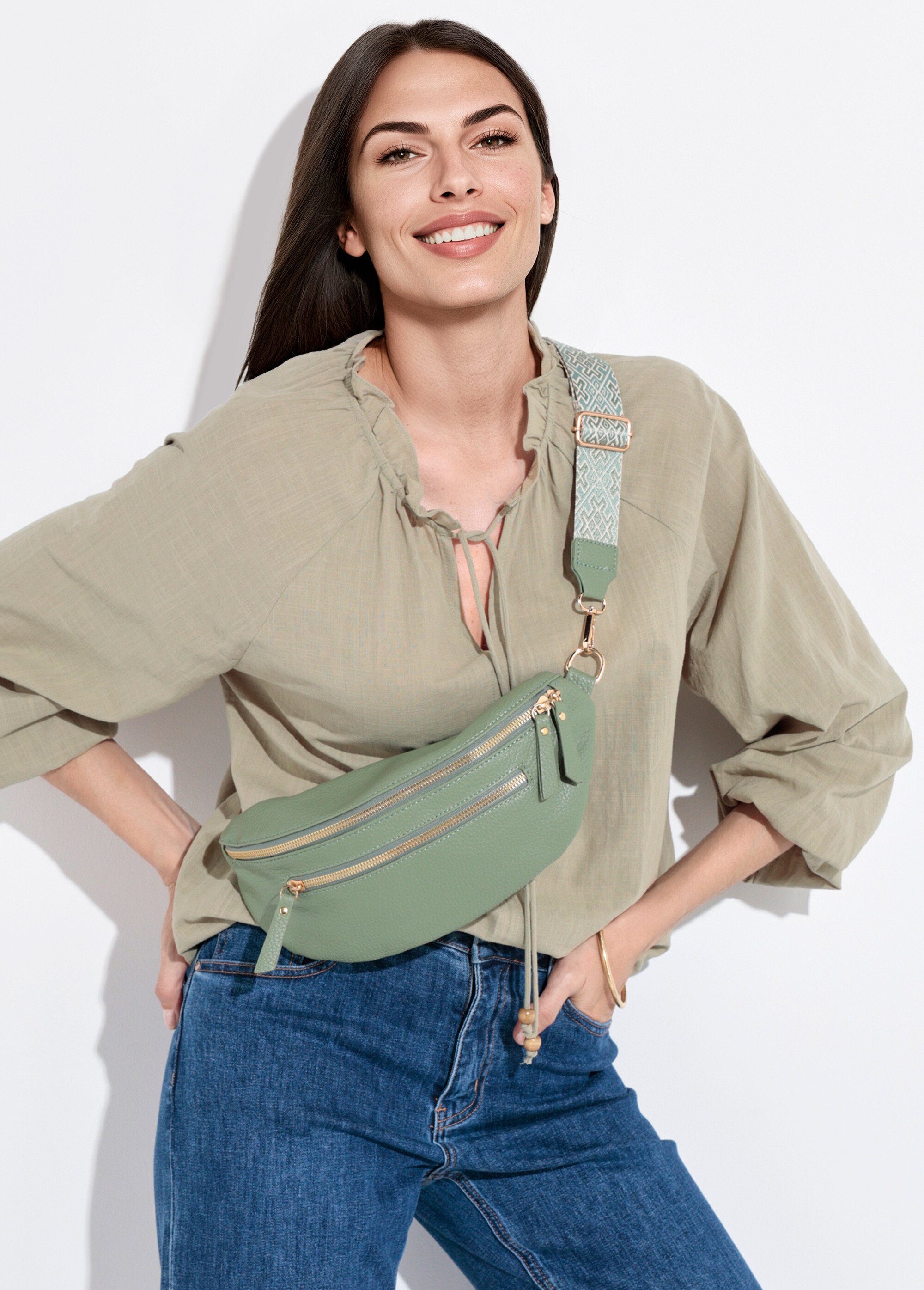 Blouse ample col V fantaisie lien à nouer Femme Vert IA-Q3043 MV1