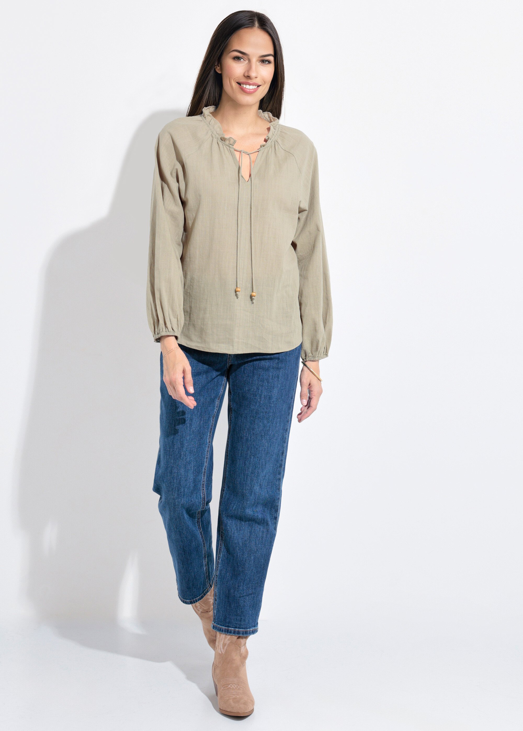 Blouse ample col V fantaisie lien à nouer Femme Vert IA-Q3043 SF1