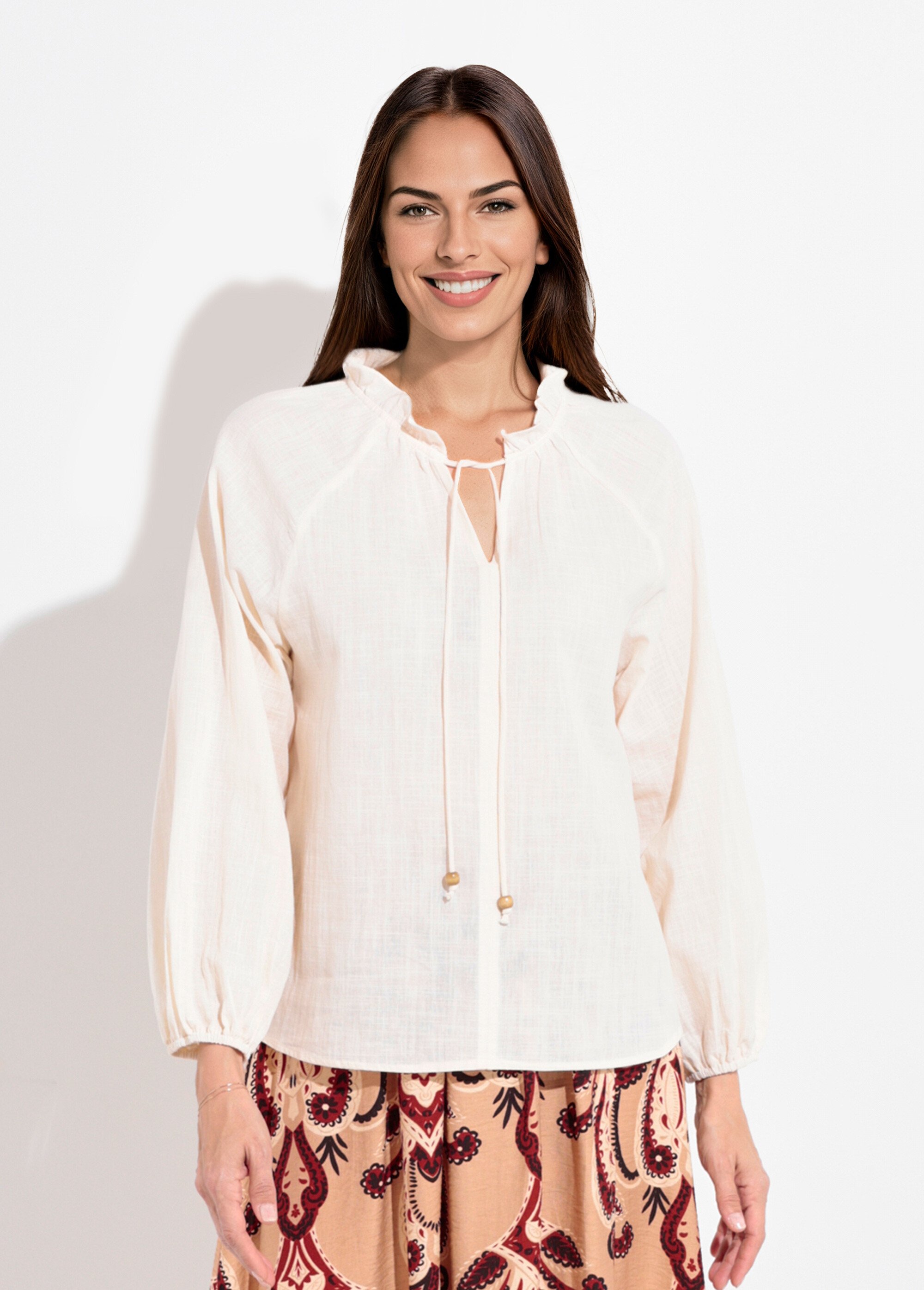 Blouse ample col V fantaisie lien à nouer Femme Beige IA-Q3043 FA1