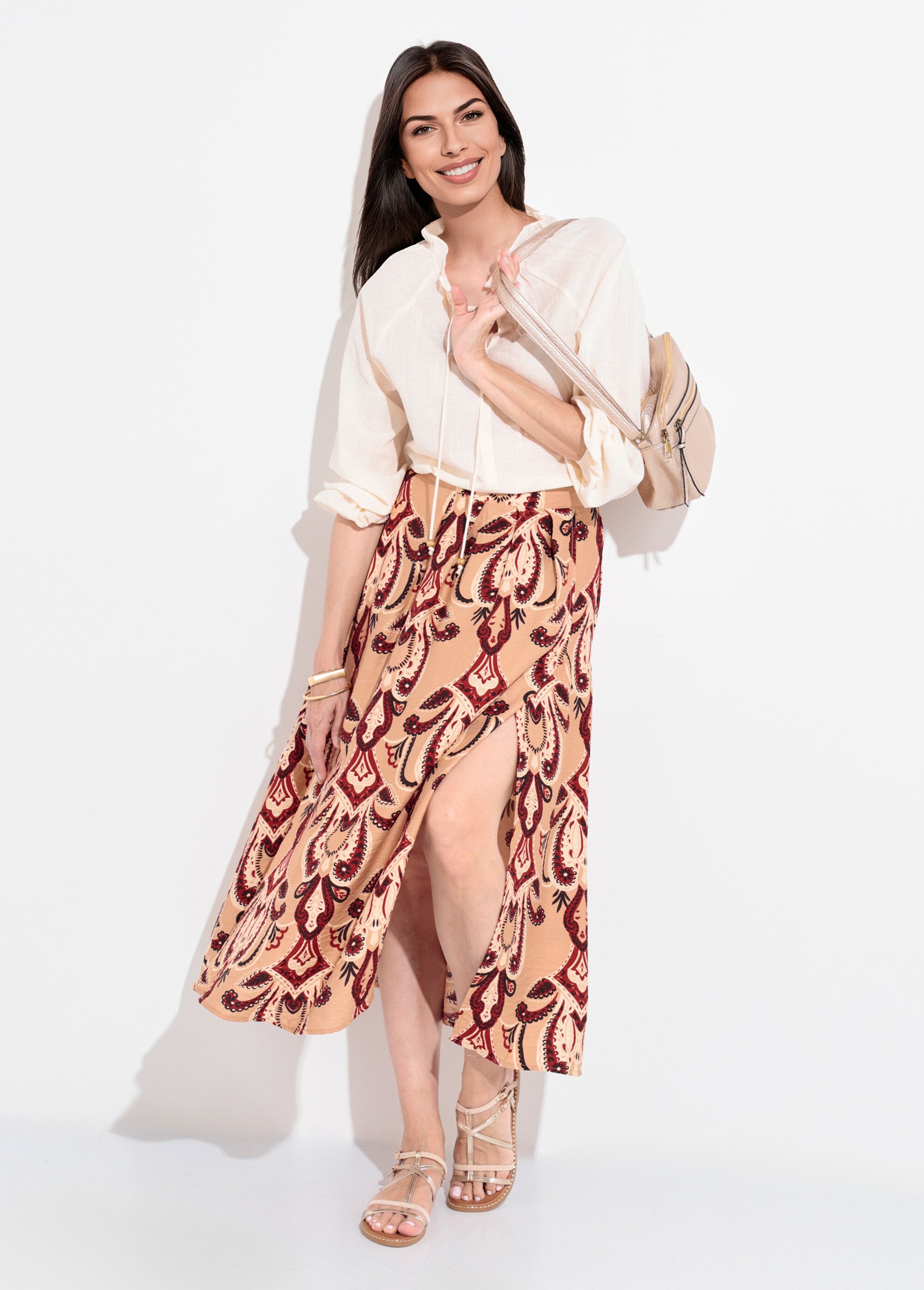 Blouse ample col V fantaisie lien à nouer Femme Beige IA-Q3043 SI1