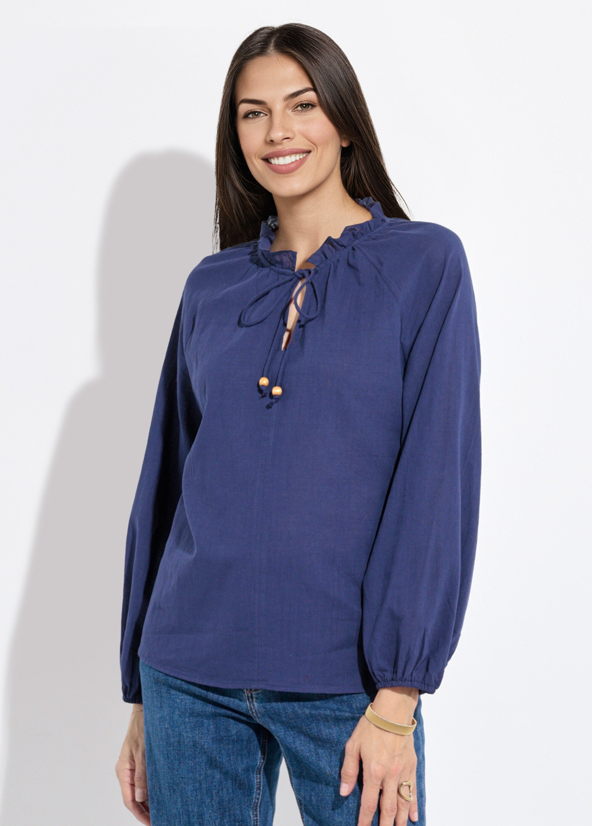 Blouse ample col V fantaisie lien à nouer Femme Bleu IA-Q3043 FA1