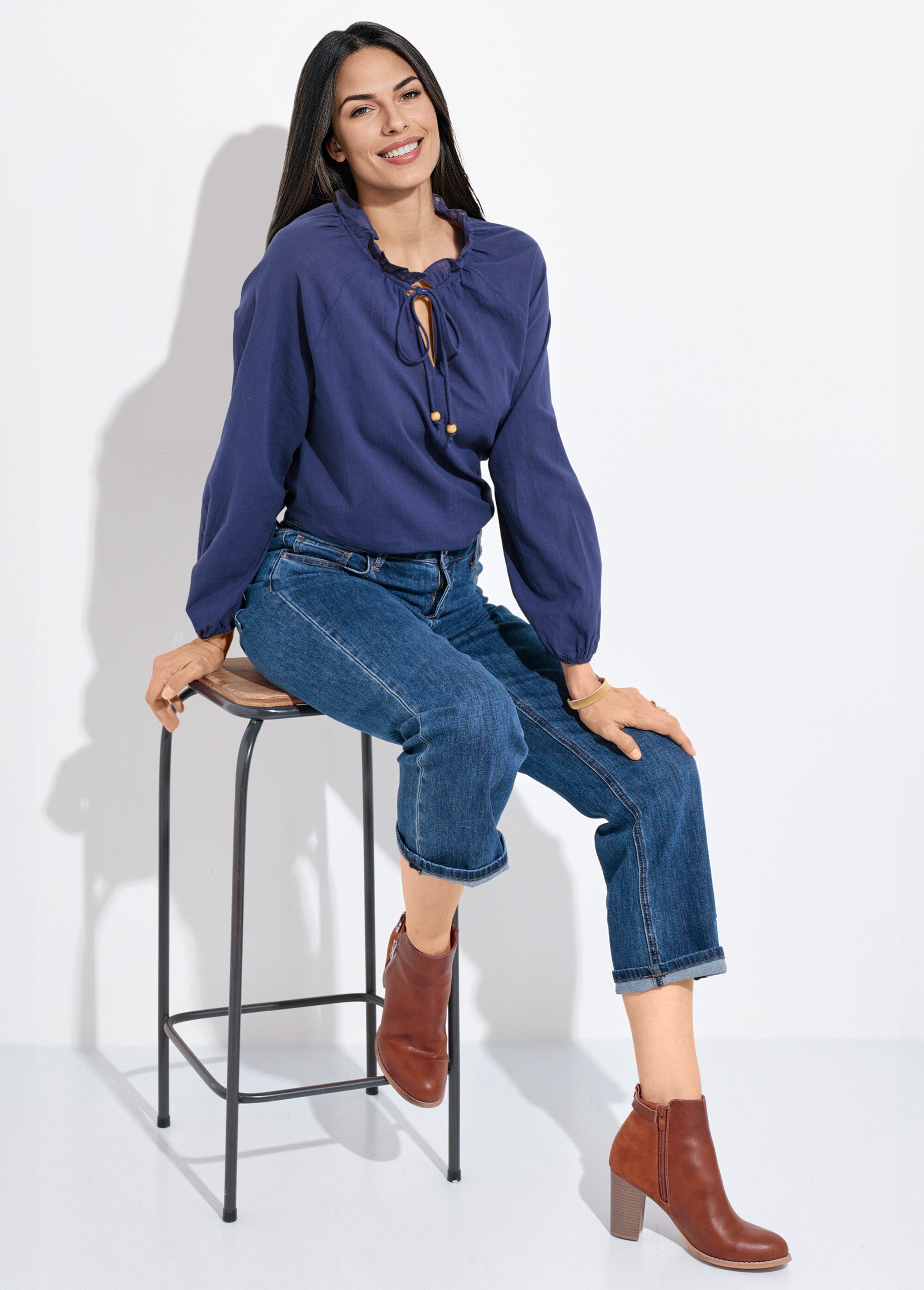 Blouse ample col V fantaisie lien à nouer Femme Bleu IA-Q3043 SI1