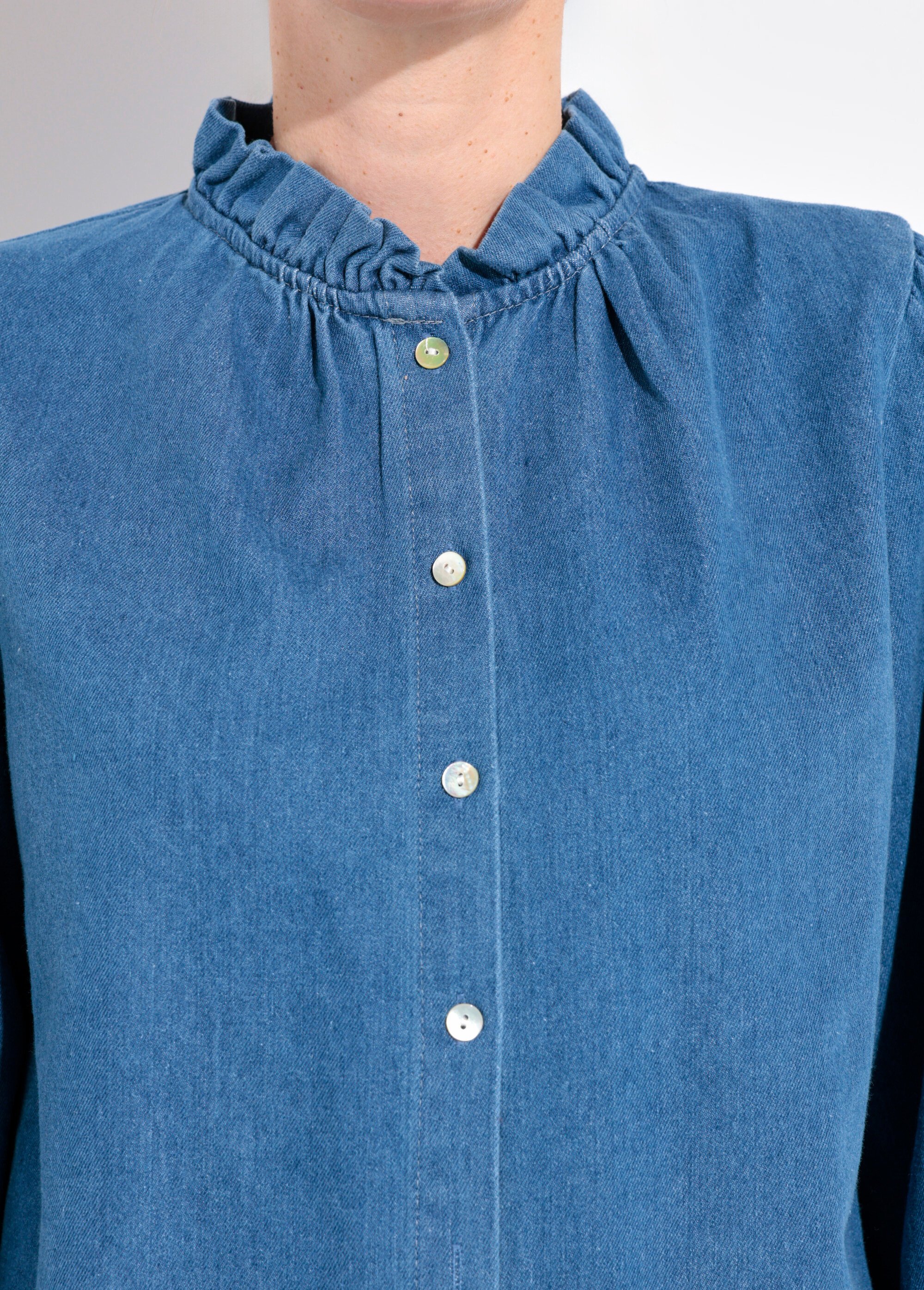 Chemise en denim boutonnée, col volanté Femme Bleu IA-R5366 DE1