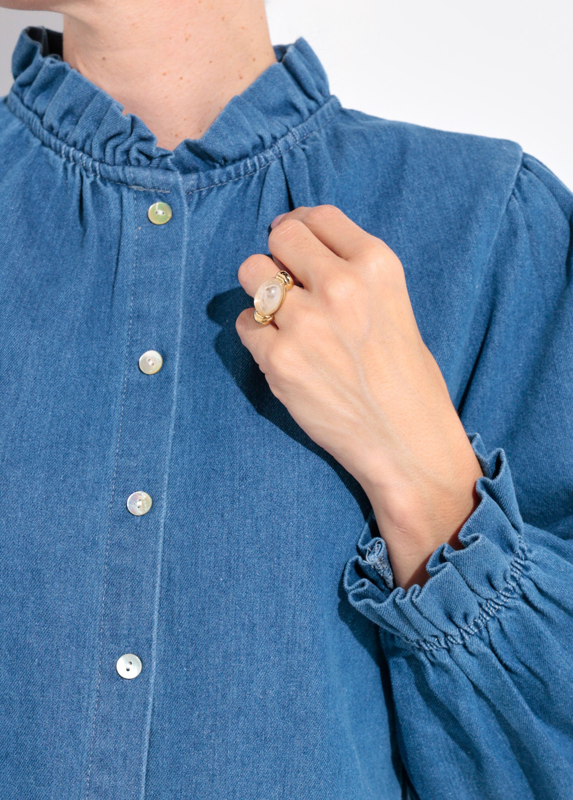 Chemise en denim boutonnée, col volanté Femme Bleu IA-R5366 DE2