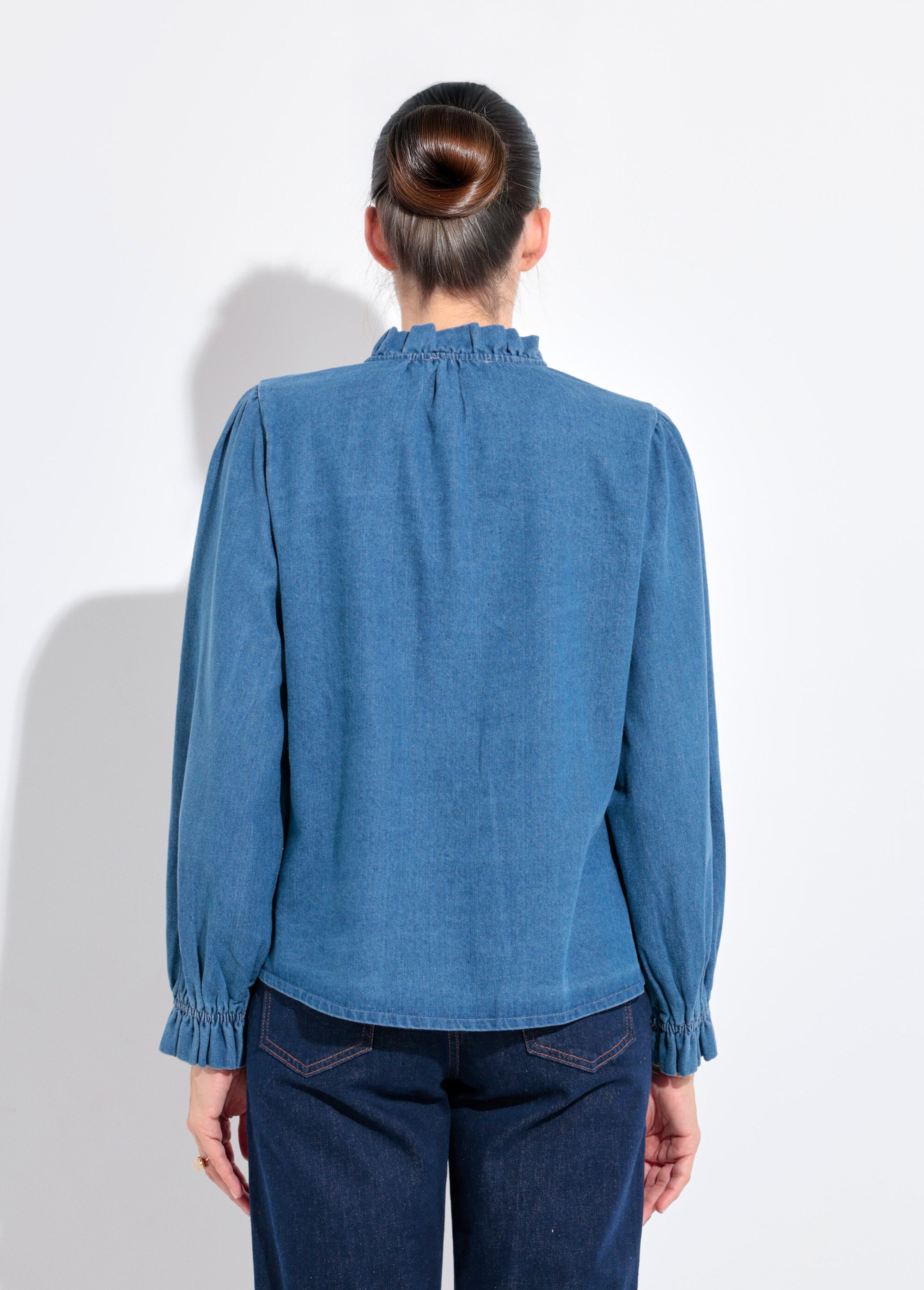 Chemise en denim boutonnée, col volanté Femme Bleu IA-R5366 DO1