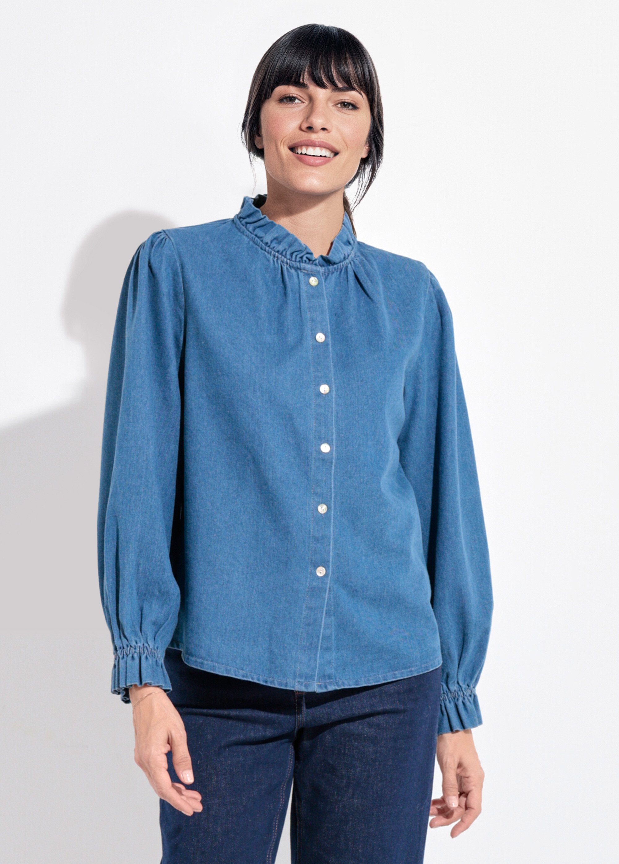 Chemise en denim boutonnée, col volanté Femme Bleu IA-R5366 FA1