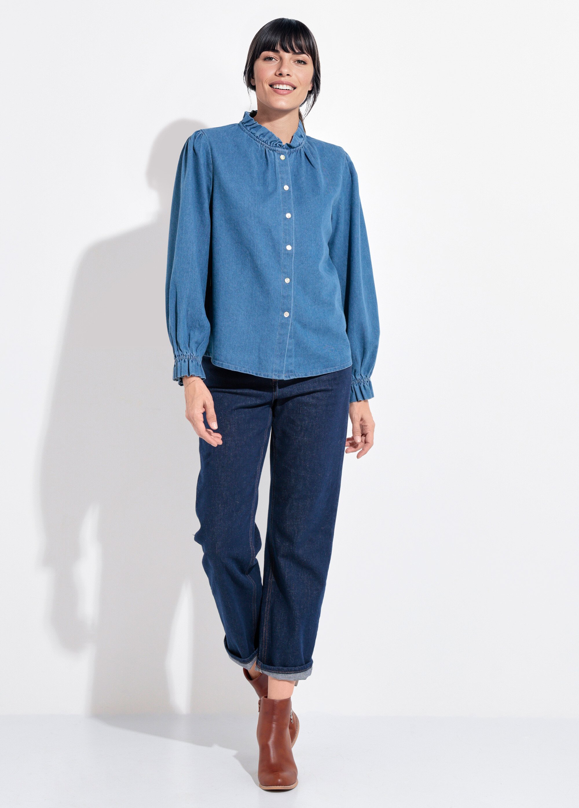 Chemise en denim boutonnée, col volanté Femme Bleu IA-R5366 SF1