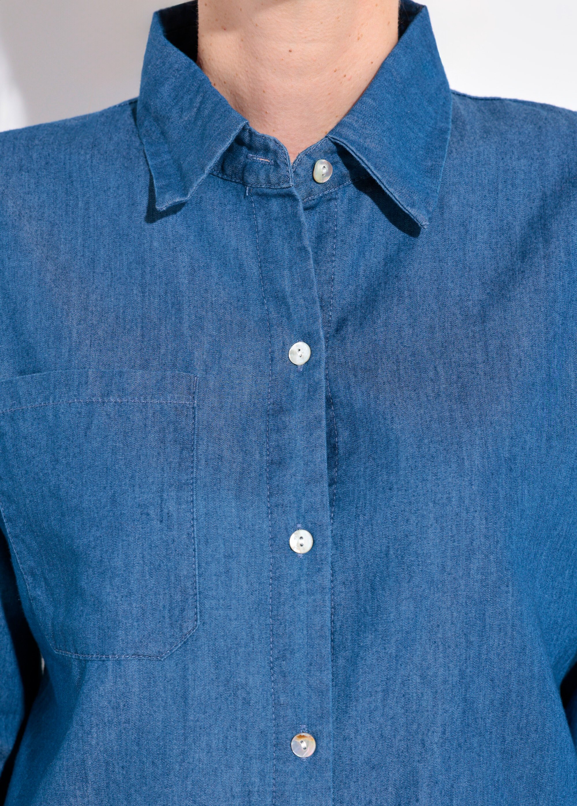 Chemisier col tailleur en chambray manches longues Femme Bleu IA-R5336 DE1