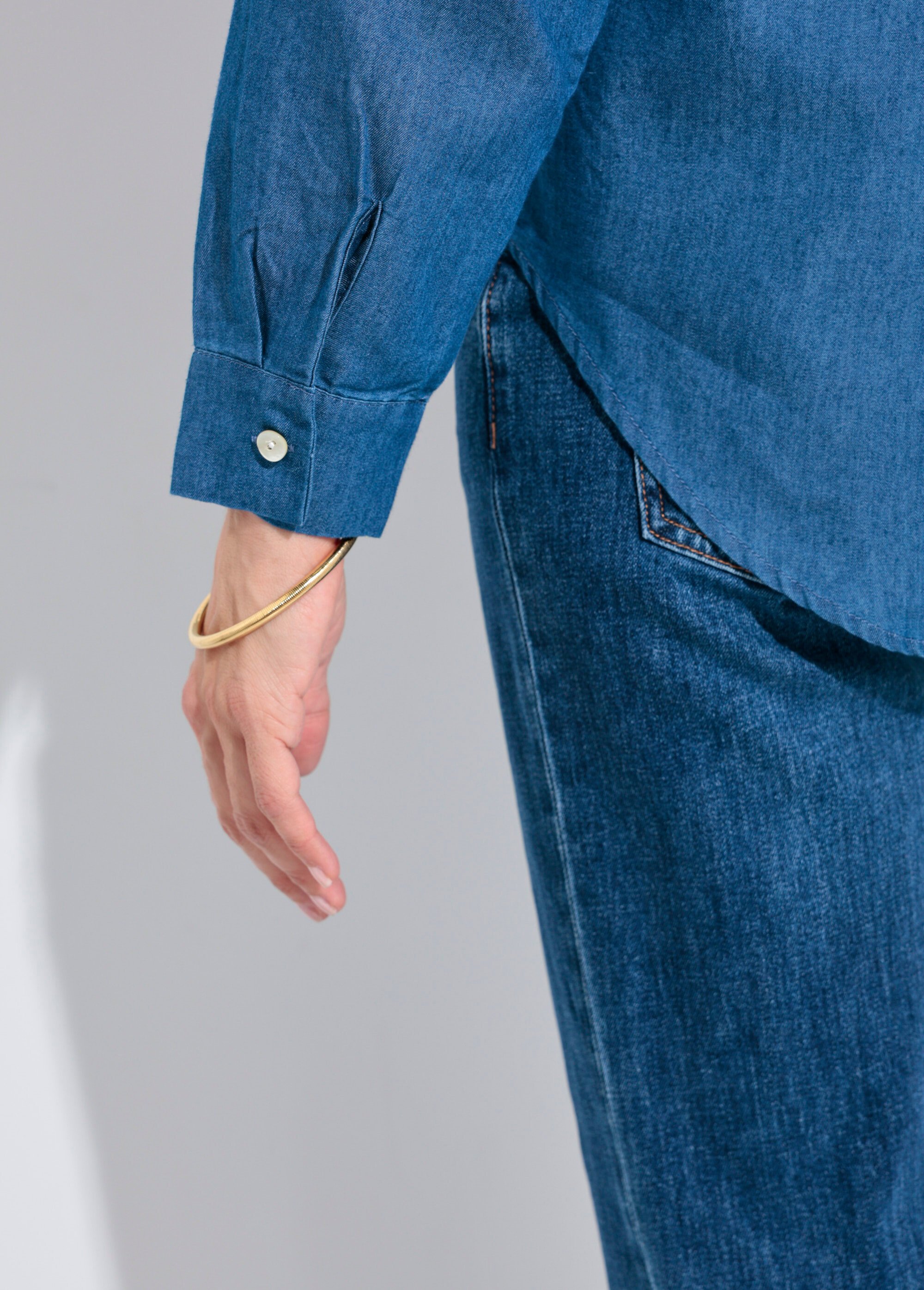 Chemisier col tailleur en chambray manches longues Femme Bleu IA-R5336 DE2