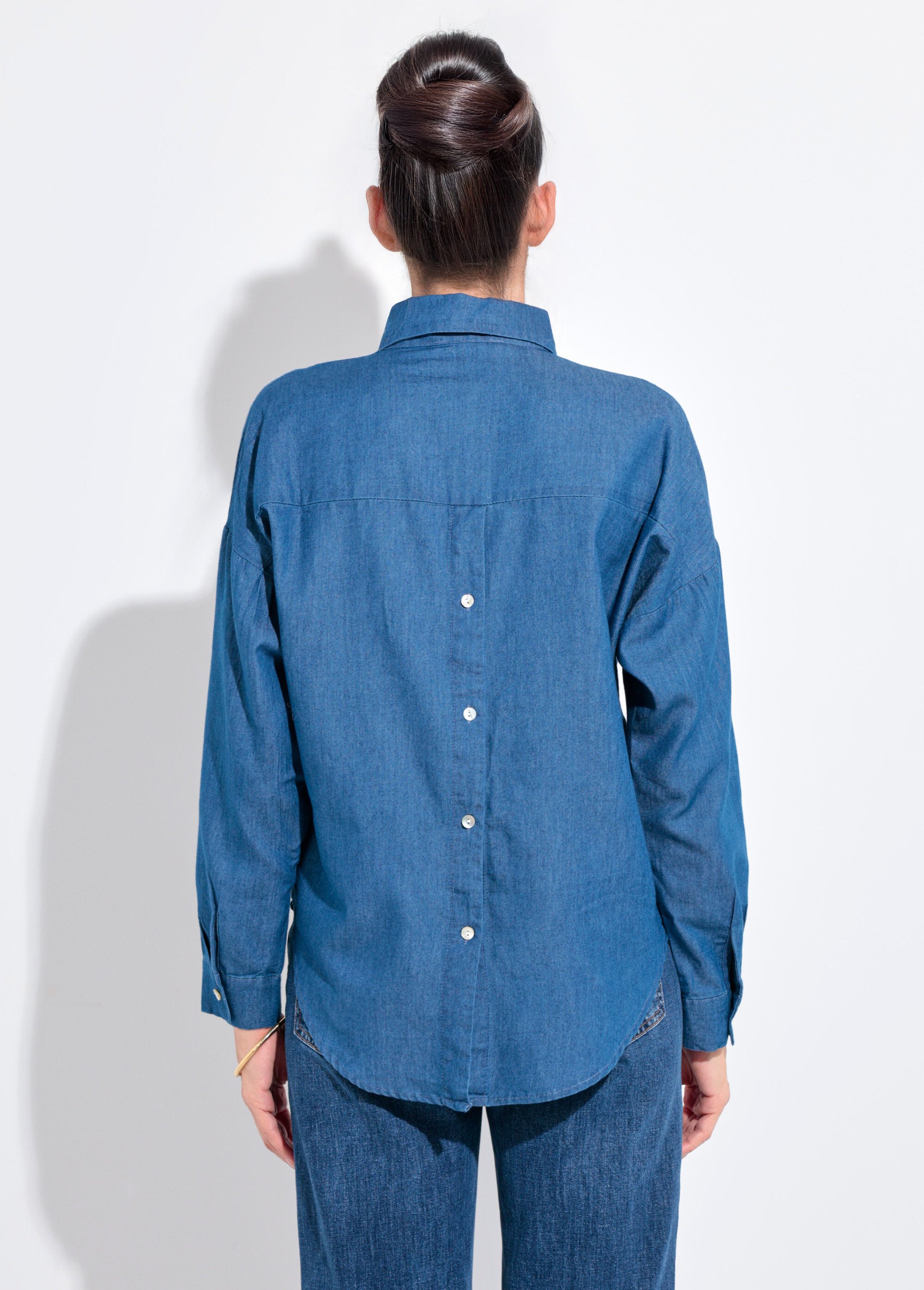 Chemisier col tailleur en chambray manches longues Femme Bleu IA-R5336 DO1