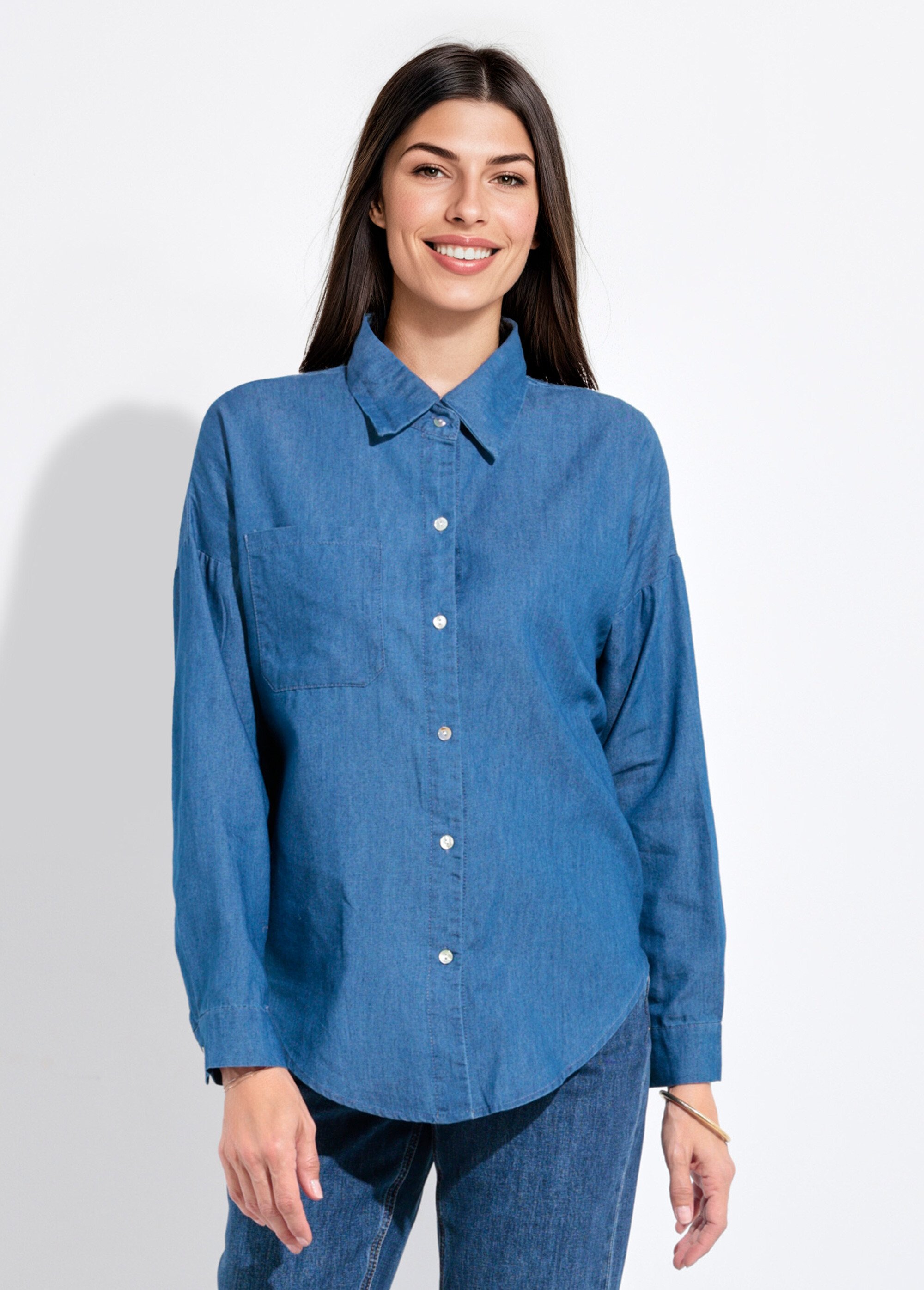 Chemisier col tailleur en chambray manches longues Femme Bleu IA-R5336 FA1