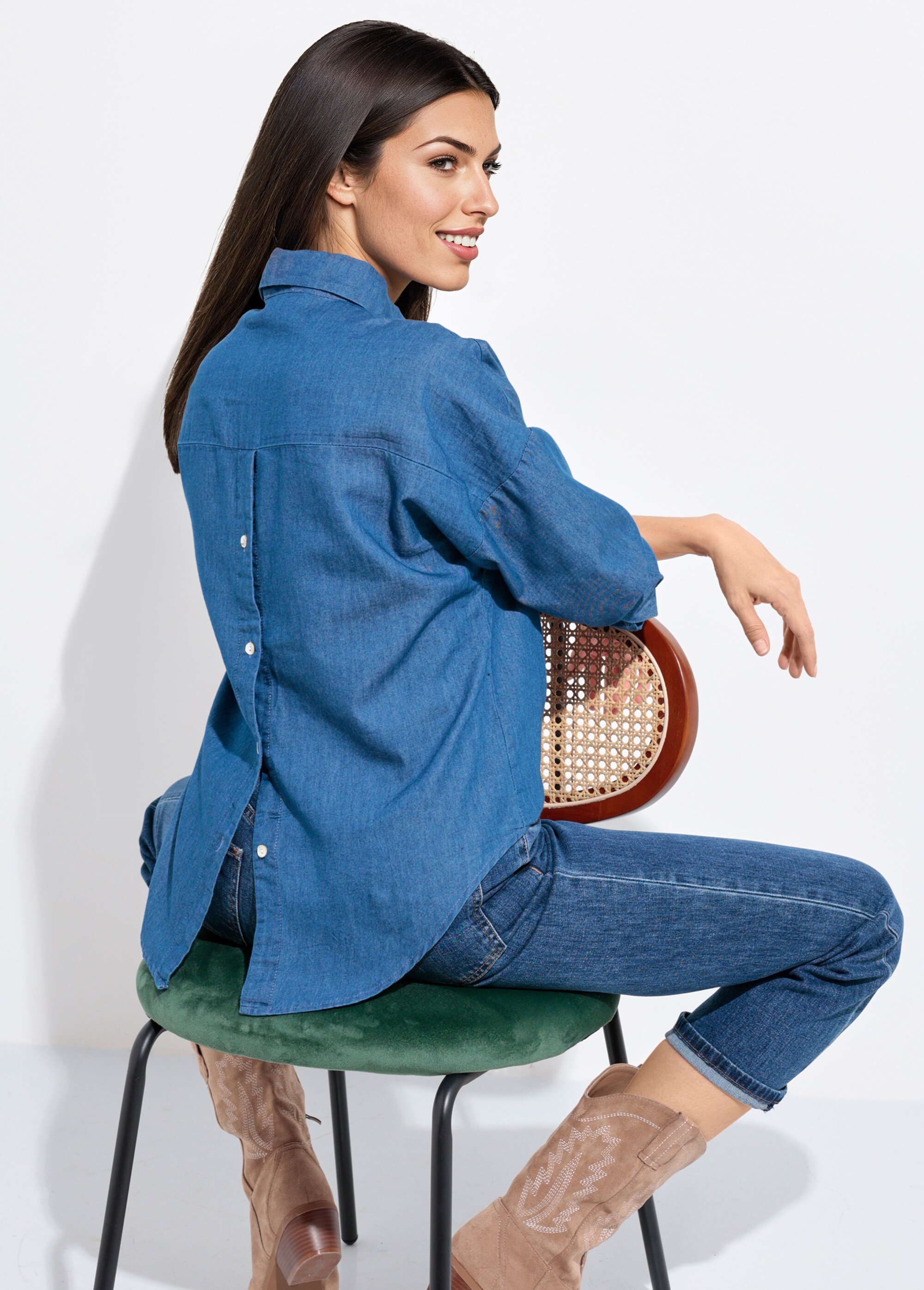 Chemisier col tailleur en chambray manches longues Femme Bleu IA-R5336 MV1