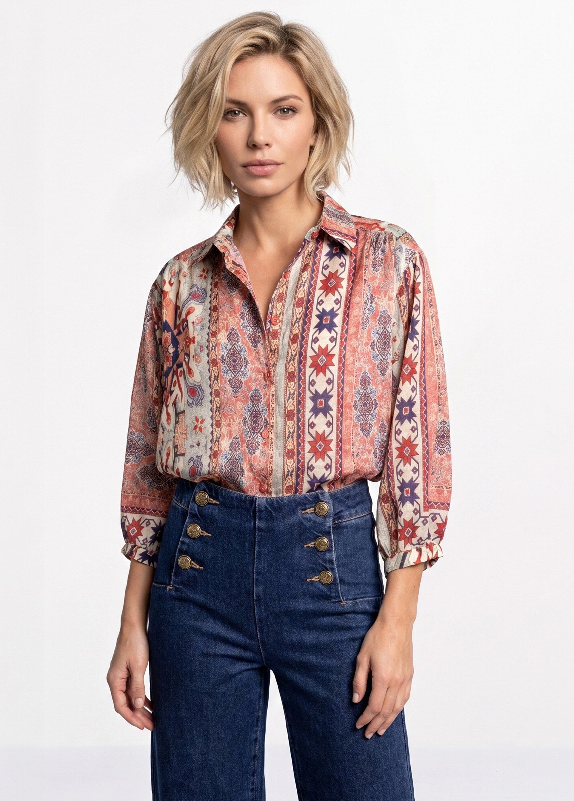 Chemisier en voile, imprimé patchwork Femme Beige JSM-CH5582 FA1
