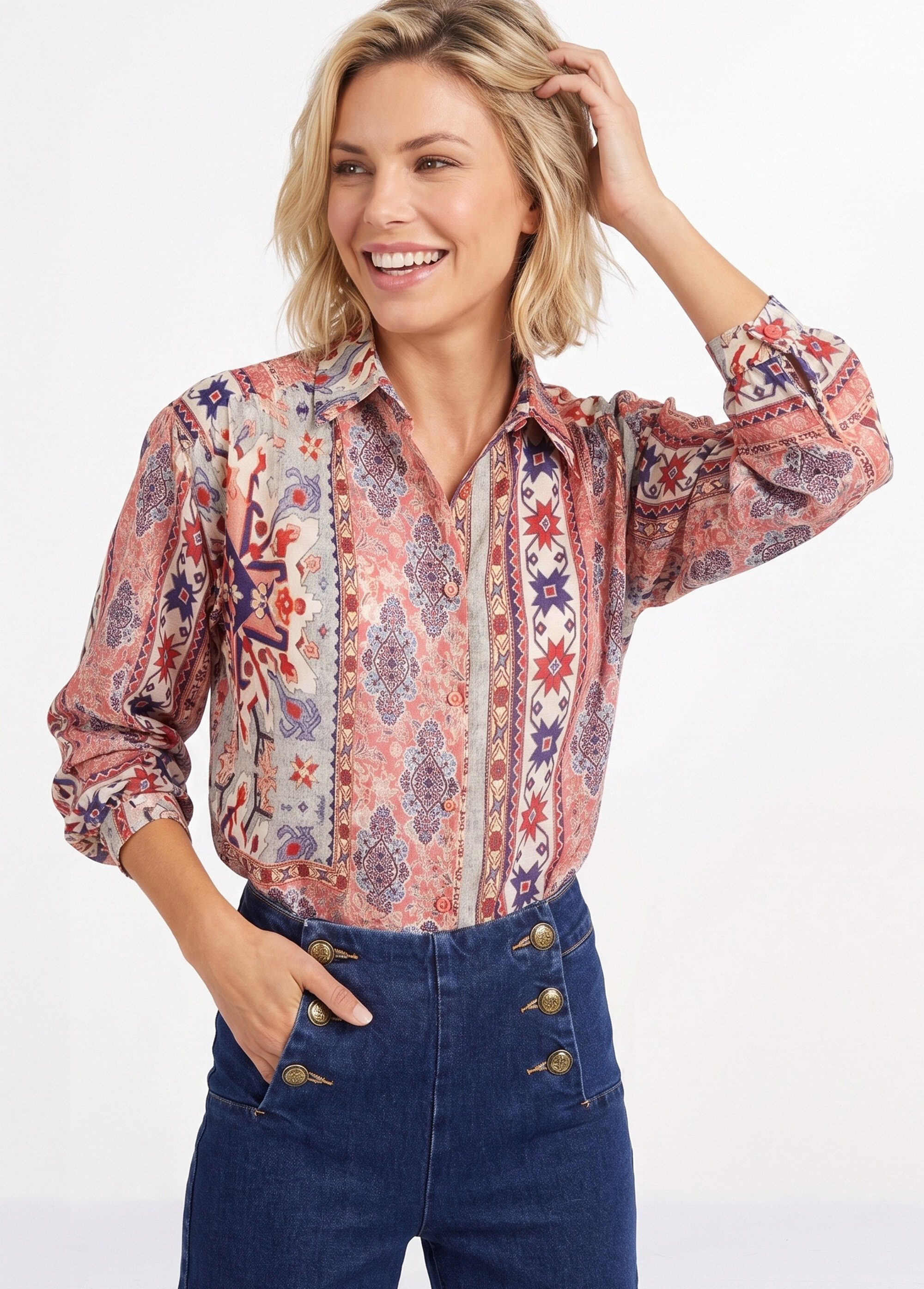 Chemisier en voile, imprimé patchwork Femme Beige JSM-CH5582 MV1