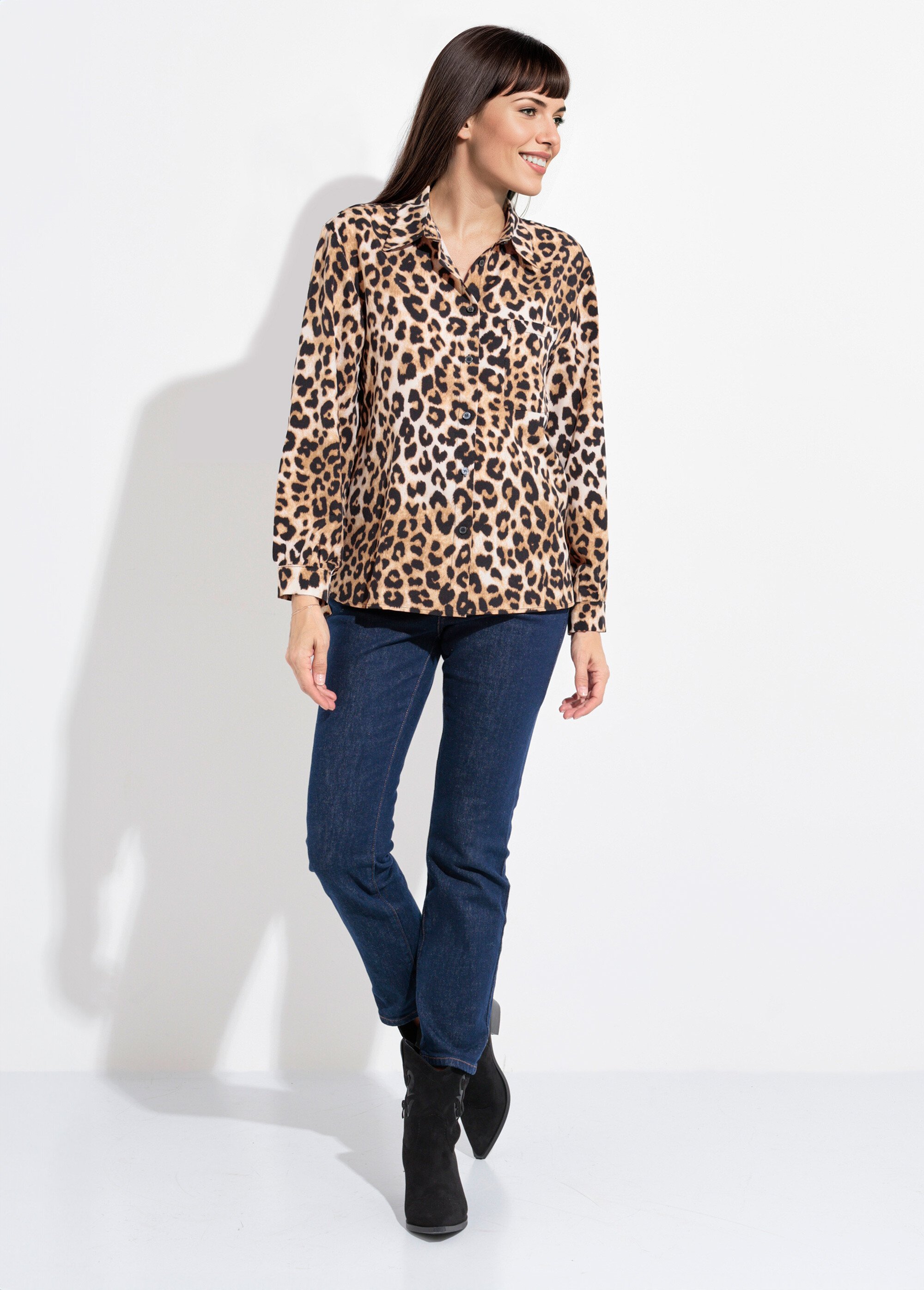 Chemisier léopard fluide col tailleur Femme Noir IA-Q3056 SF1