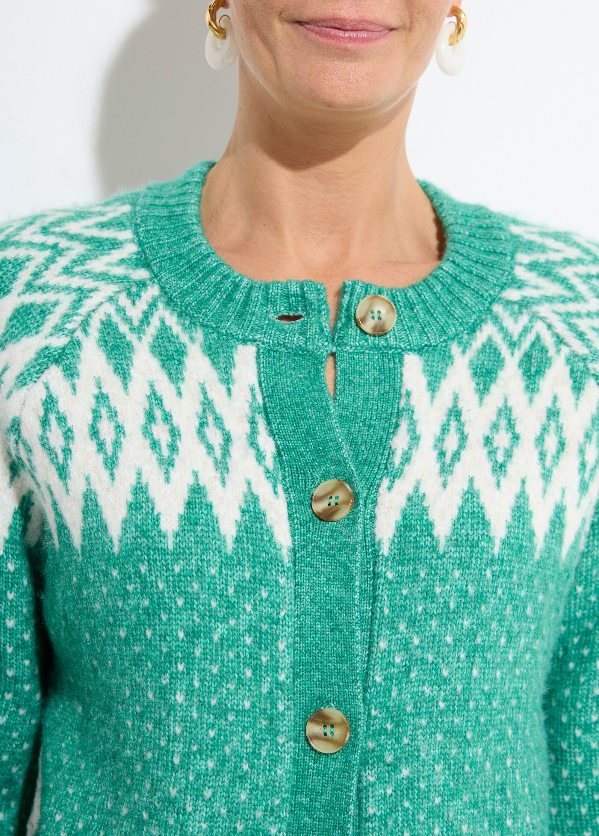 Gilet chaud boutonné jacquard graphique Femme Vert POLETTE DE1