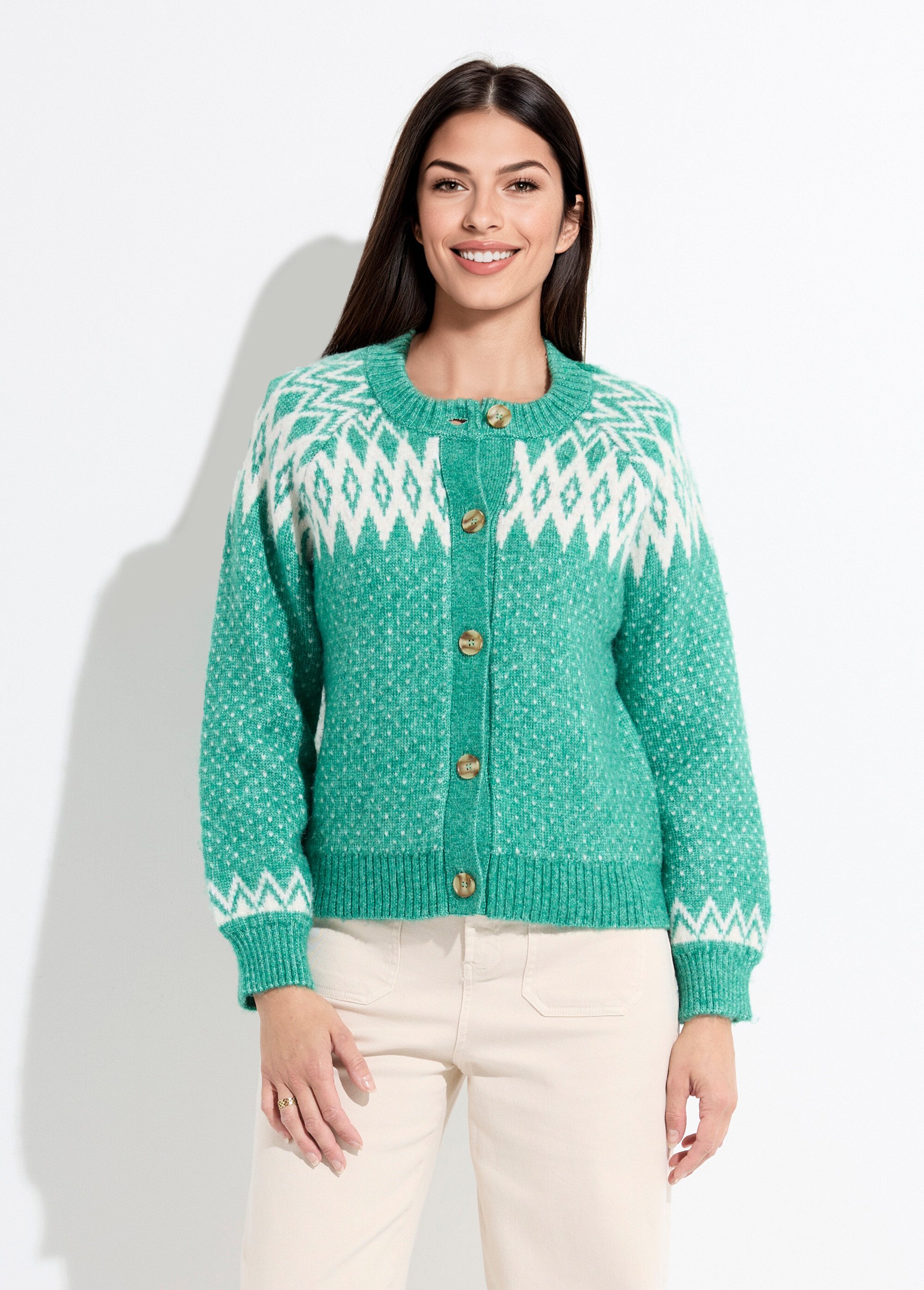 Gilet chaud boutonné jacquard graphique Femme Vert POLETTE FA1