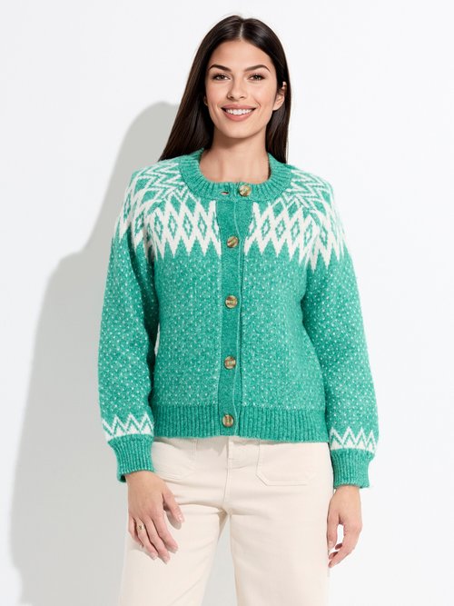 Gilet chaud boutonné jacquard graphique Femme Vert POLETTE FA1