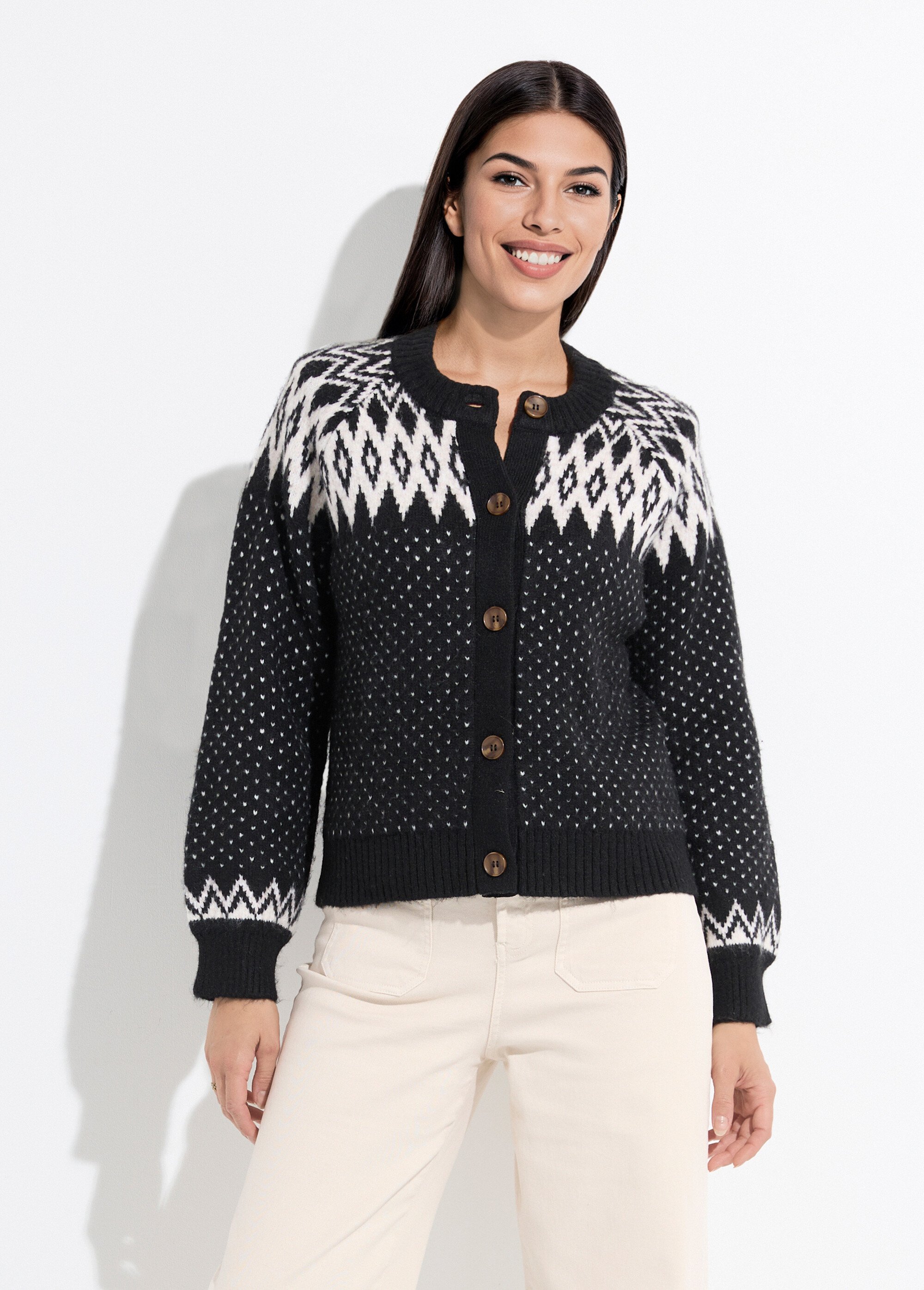 Gilet chaud boutonné jacquard graphique Femme Noir POLETTE FA1