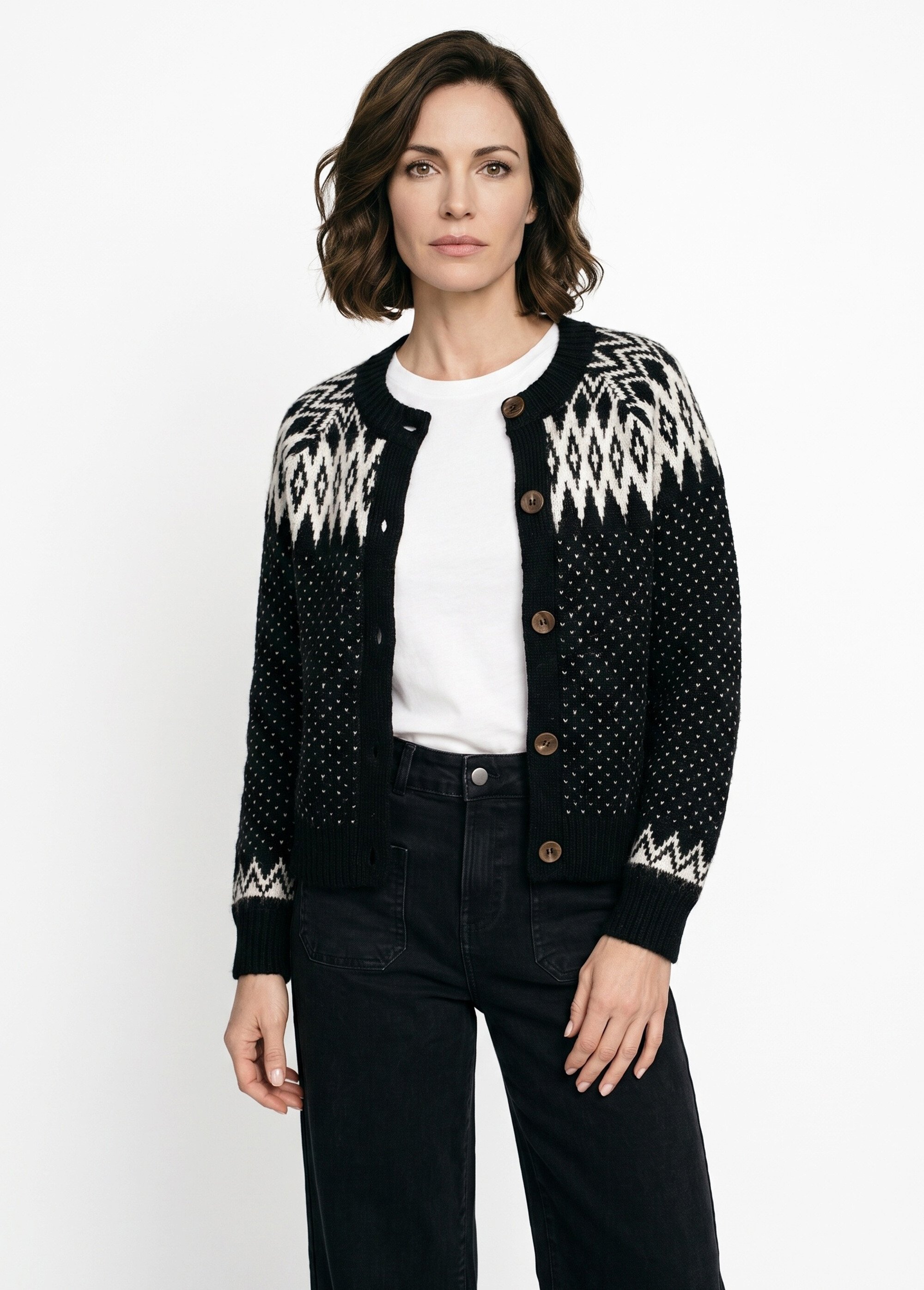 Gilet chaud boutonné jacquard graphique Femme Noir POLETTE FA1