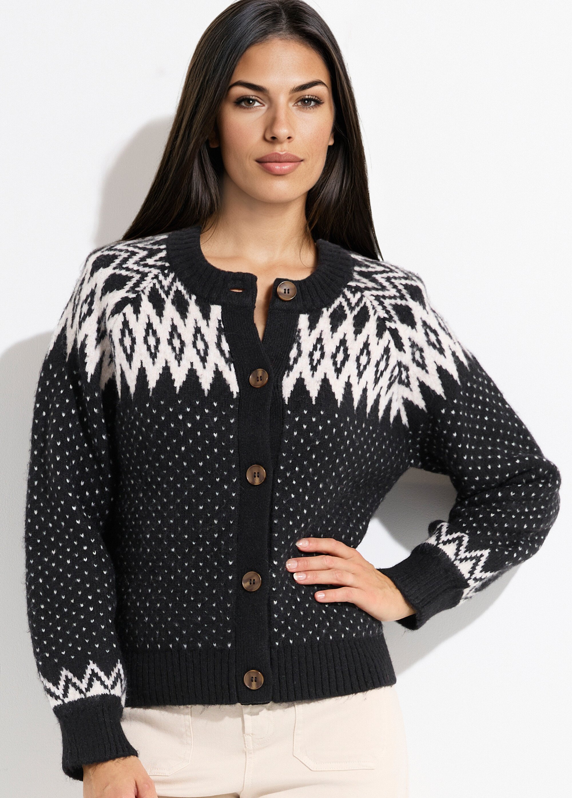 Gilet chaud boutonné jacquard graphique Femme Noir POLETTE MV1