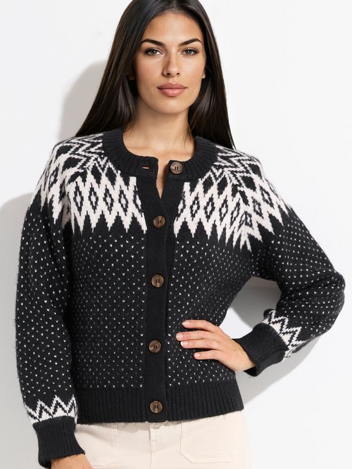 Gilet chaud boutonné jacquard graphique Femme Noir POLETTE MV1