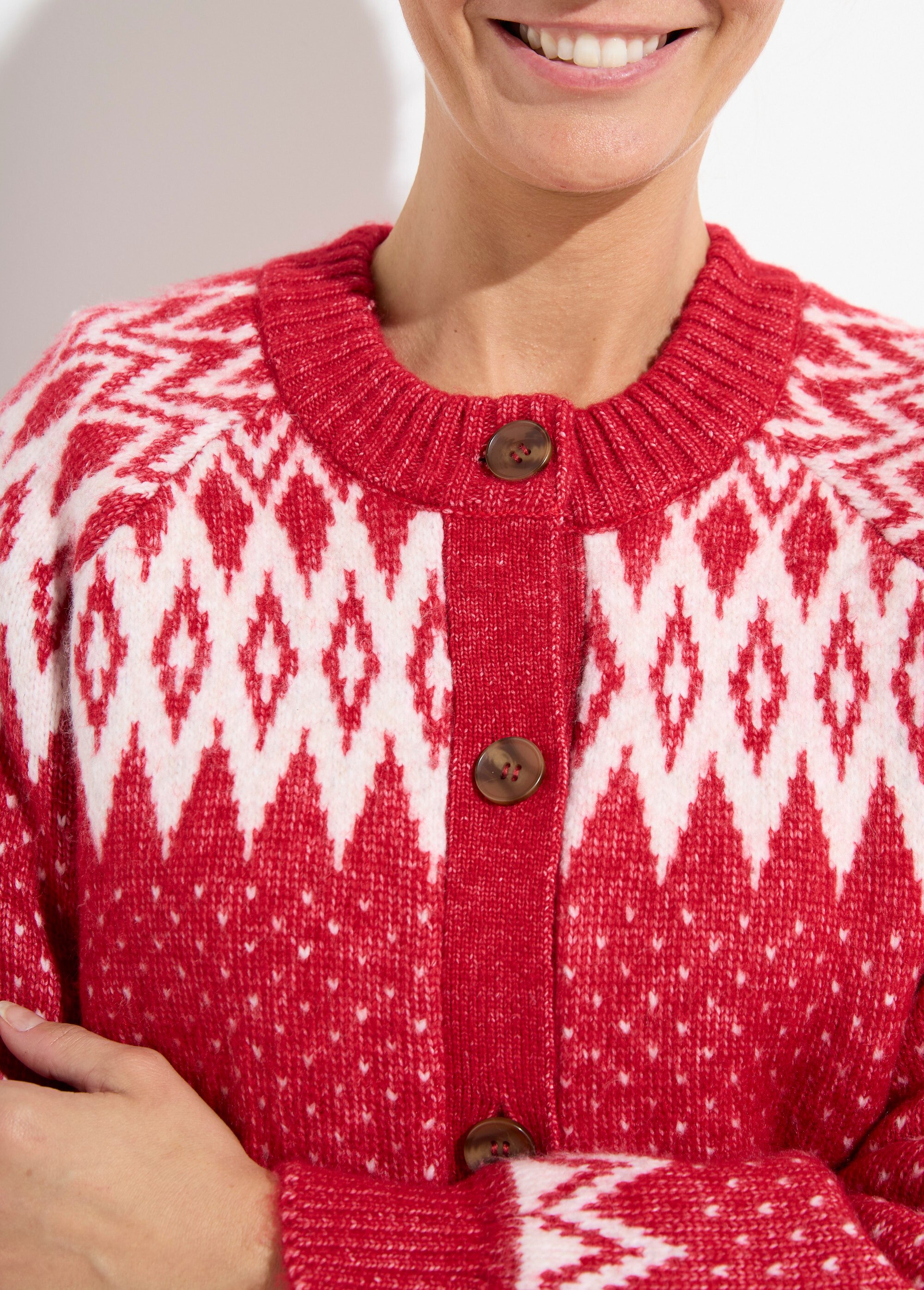 Gilet chaud boutonné jacquard graphique Femme ROUGE ET ECRU POLETTE DE1