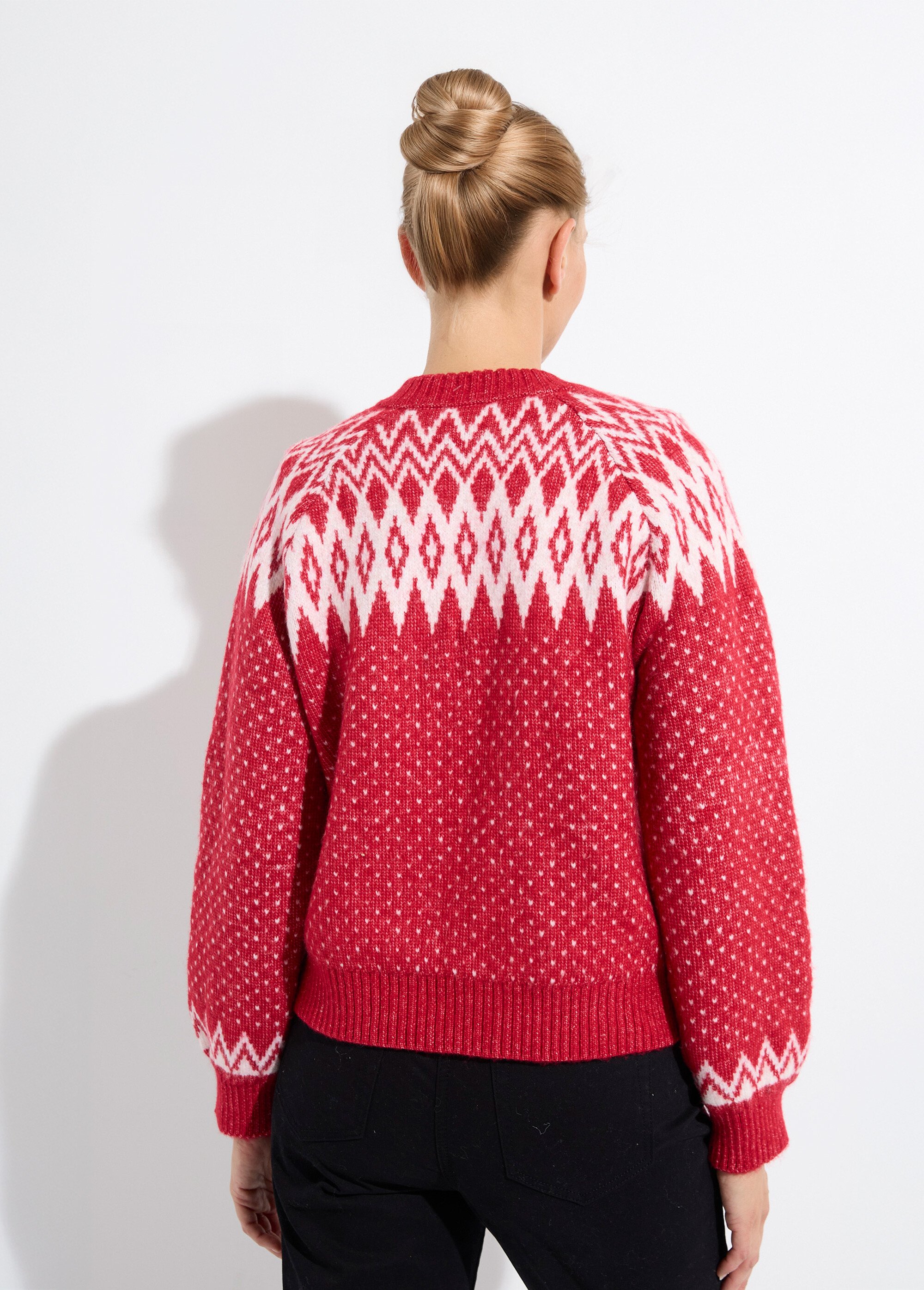 Gilet chaud boutonné jacquard graphique Femme ROUGE ET ECRU POLETTE DO1