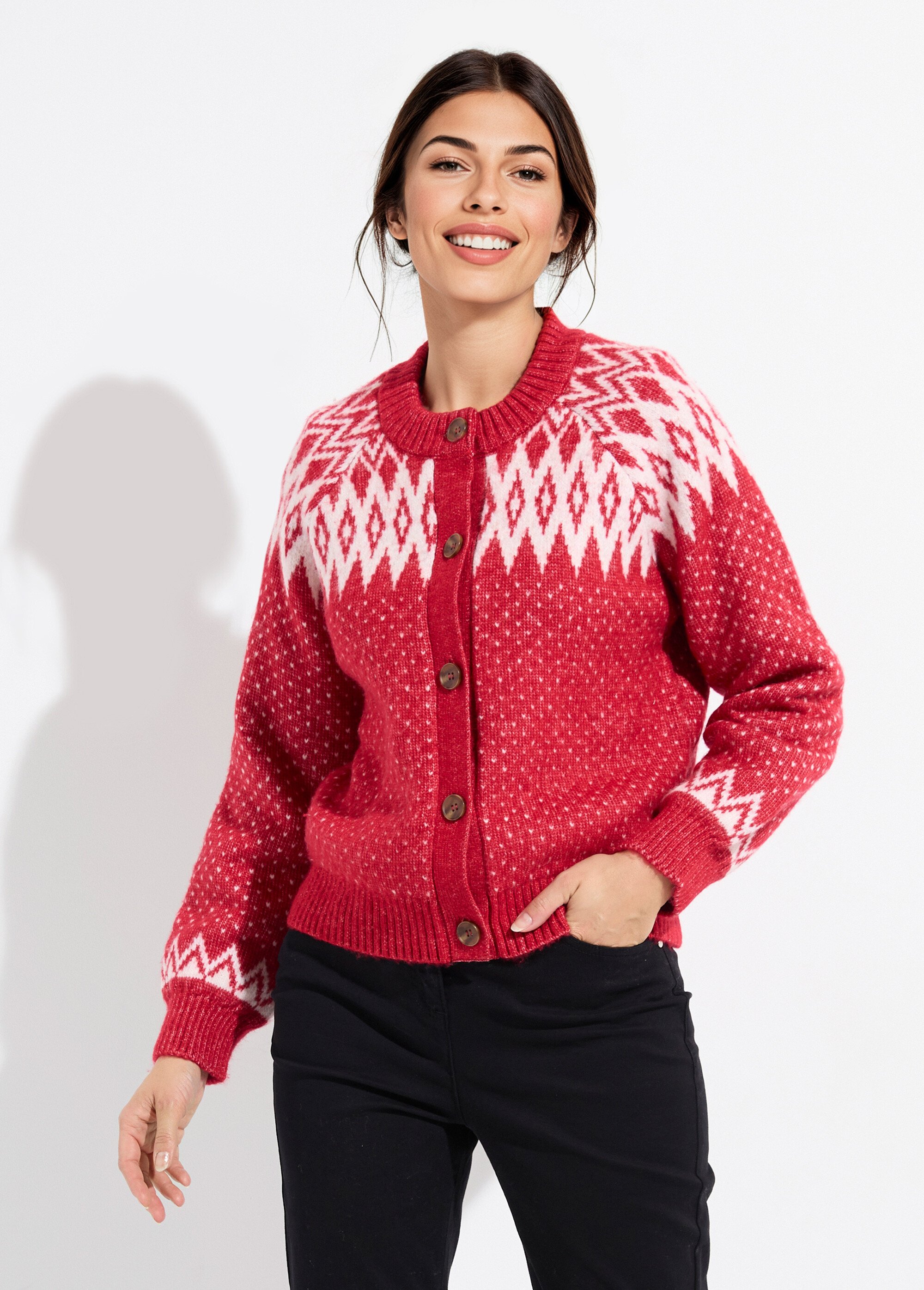 Gilet chaud boutonné jacquard graphique Femme ROUGE ET ECRU POLETTE FA1