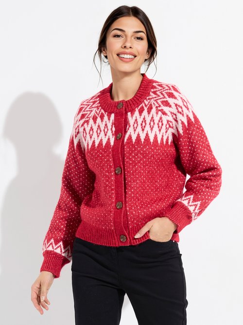 Gilet chaud boutonné jacquard graphique Femme ROUGE ET ECRU POLETTE FA1