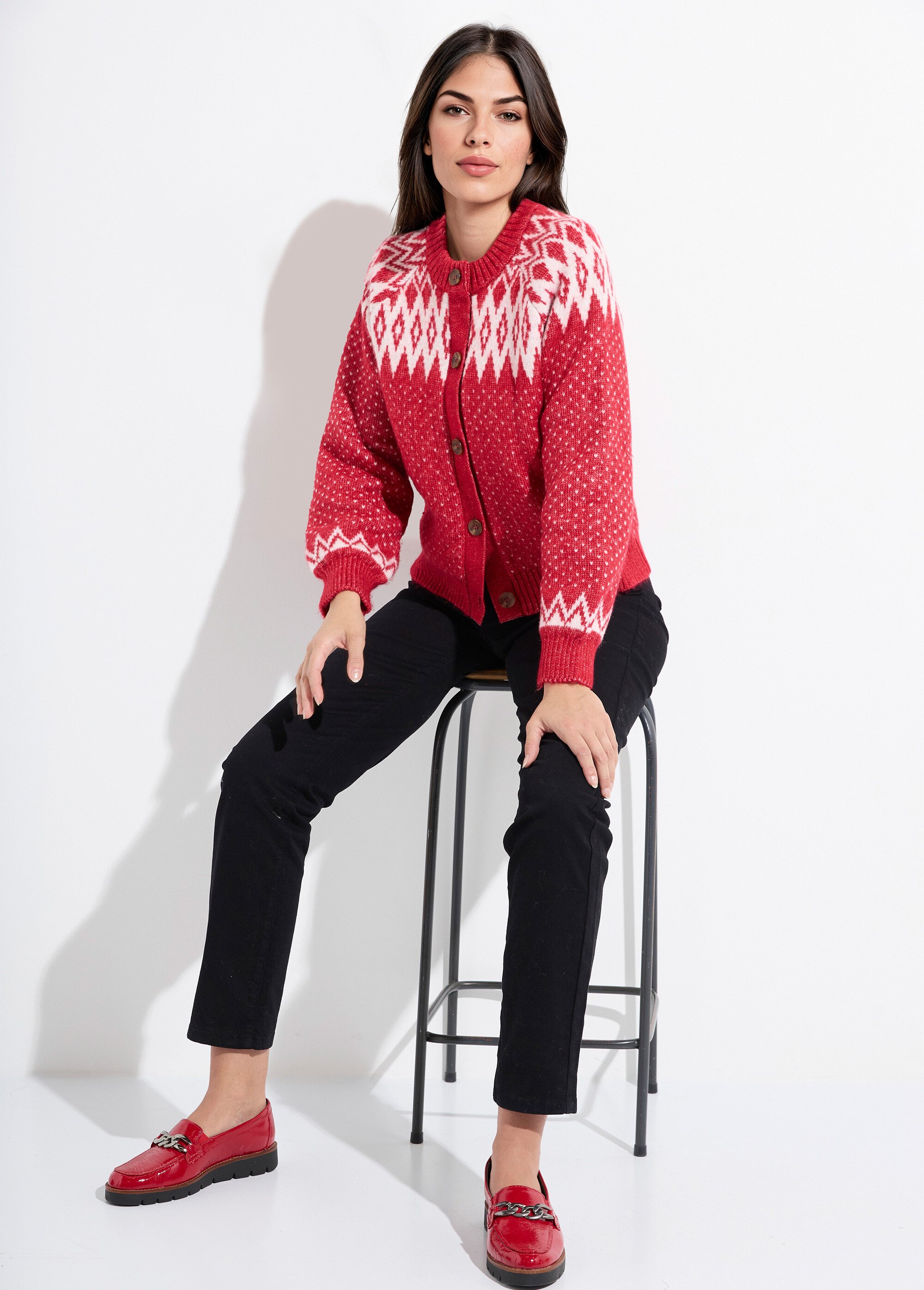 Gilet chaud boutonné jacquard graphique Femme ROUGE ET ECRU POLETTE MV1