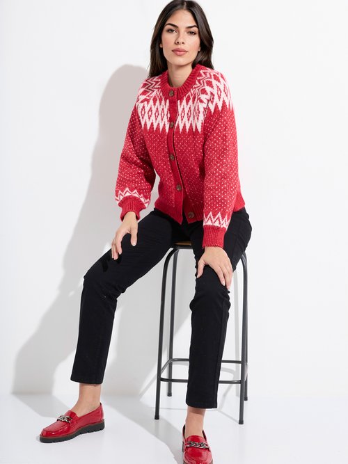 Gilet chaud boutonné jacquard graphique Femme ROUGE ET ECRU POLETTE MV1